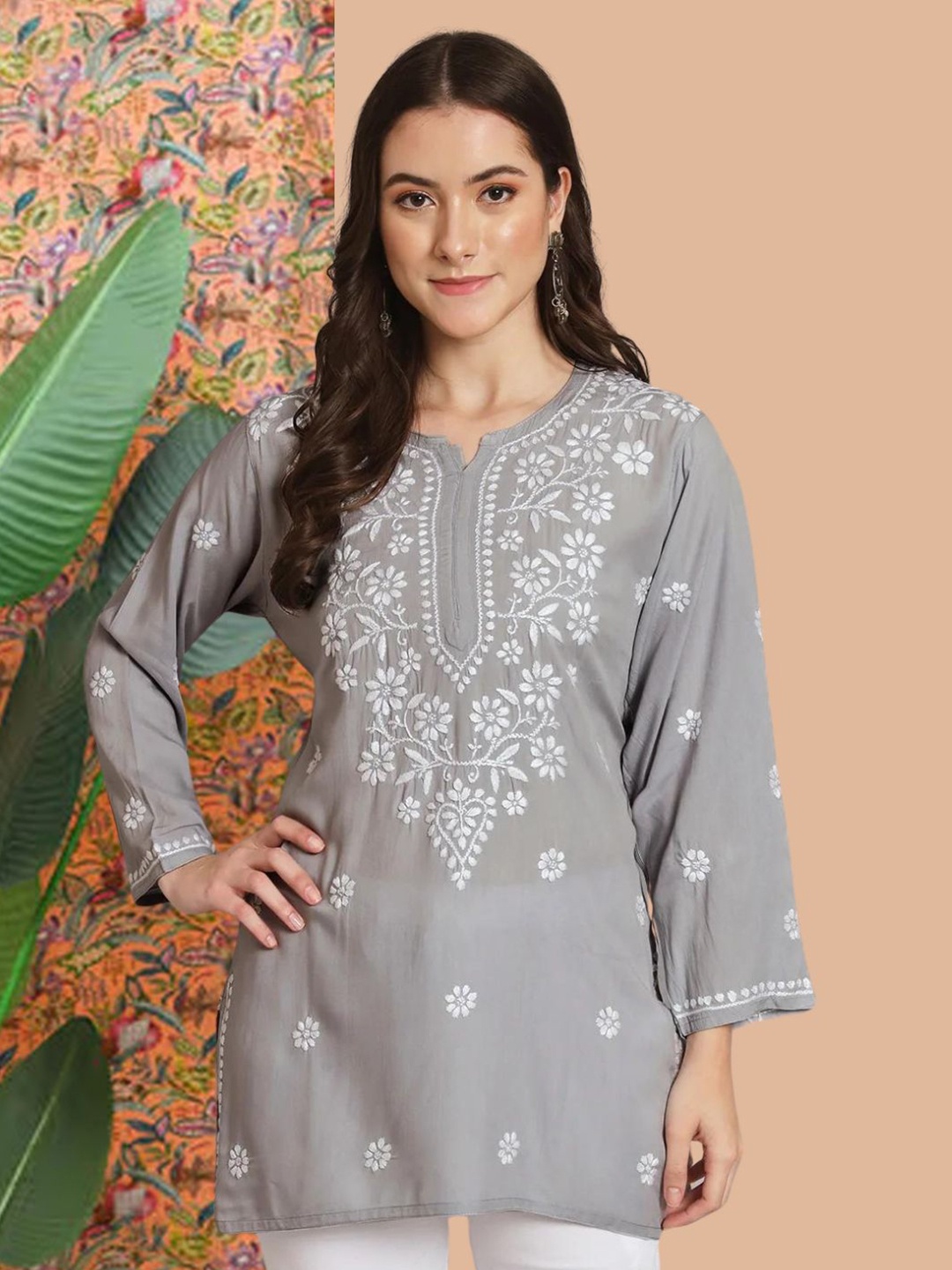 

PARAMOUNT CHIKAN Ethnic Motifs Embroidered Chikankari Modal Chikankari Kurti, Grey
