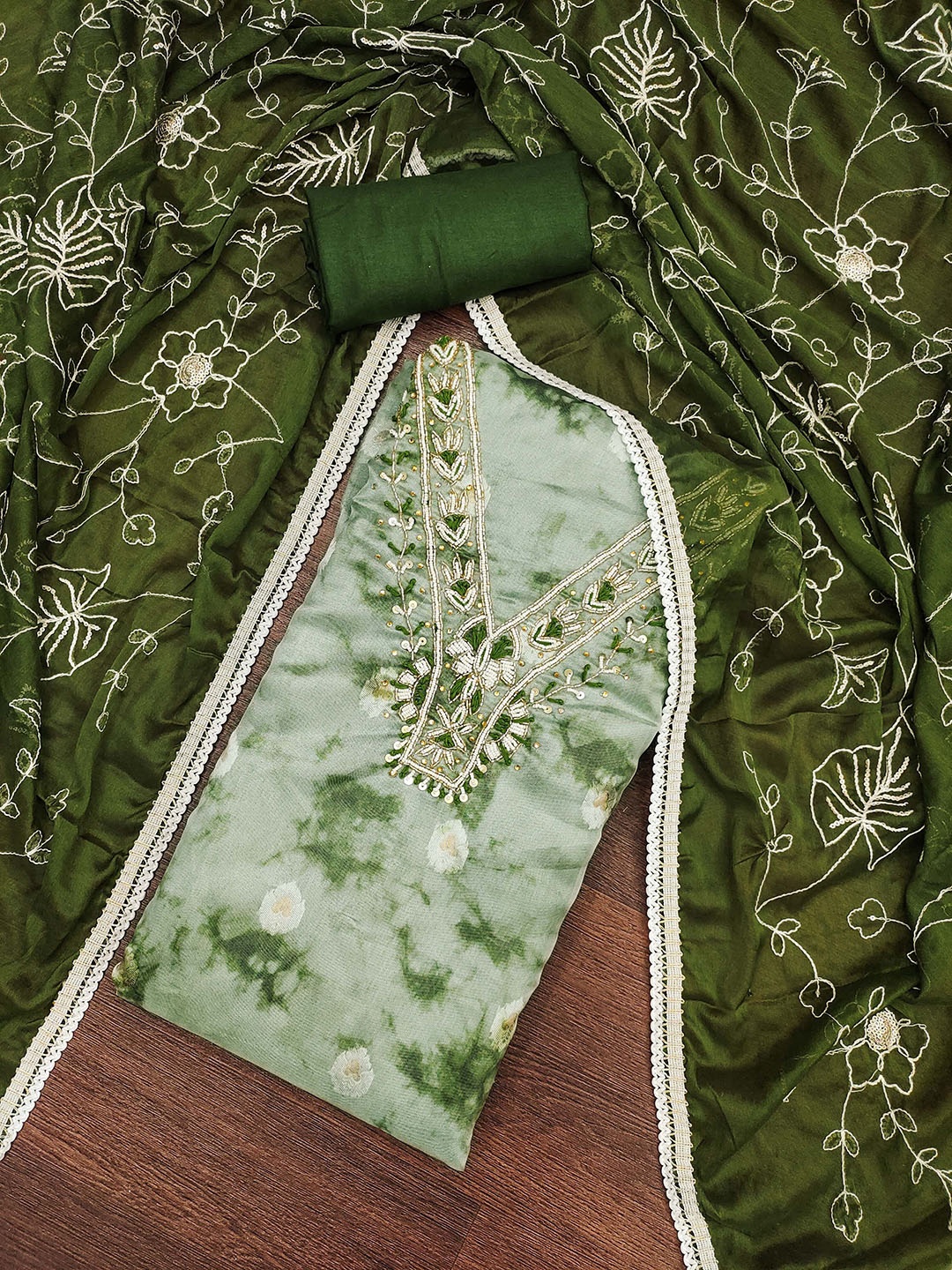 

MANVAA Embellished Unstitched Dress Material, Green