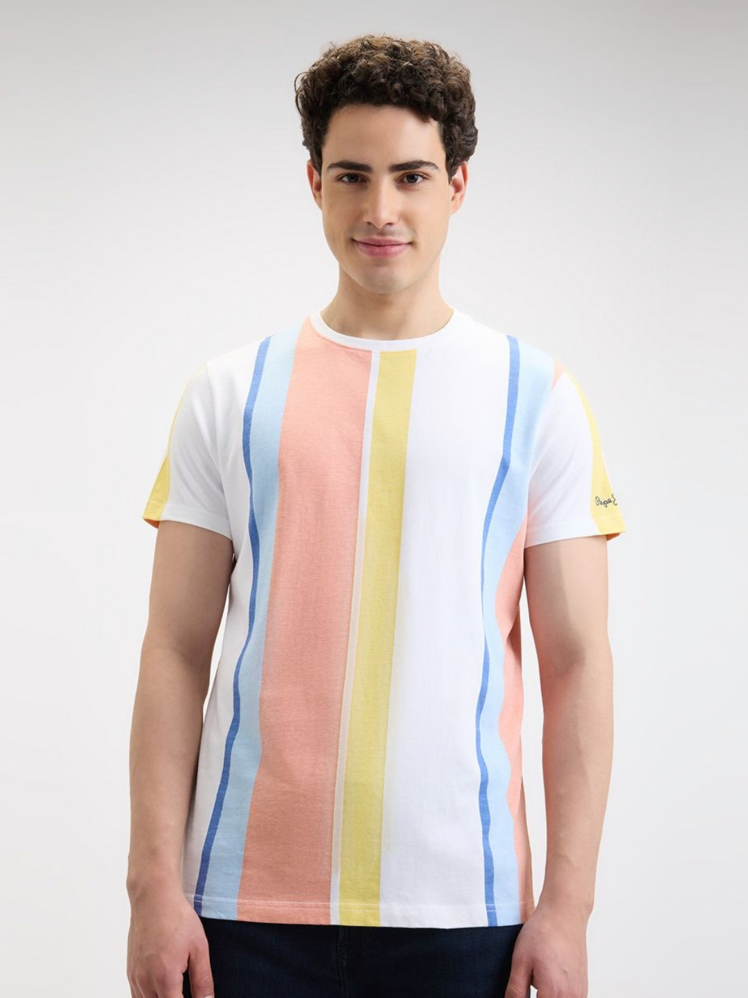 

Pepe Jeans Men Striped Pure Cotton Pockets Slim Fit T-shirt, Orange