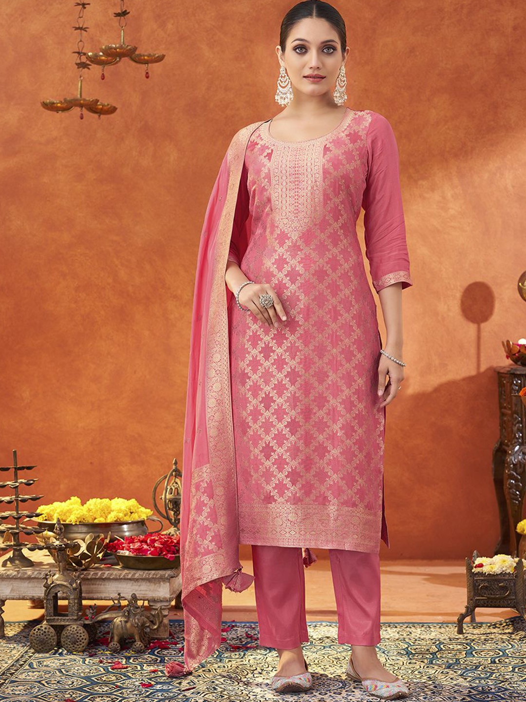 

KALINI Women Floral Regular Kurta with Trousers & With Dupatta, Pink