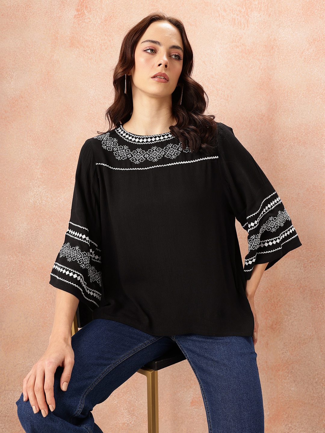 

all about you Embroidered Flared Sleeve Top, Black