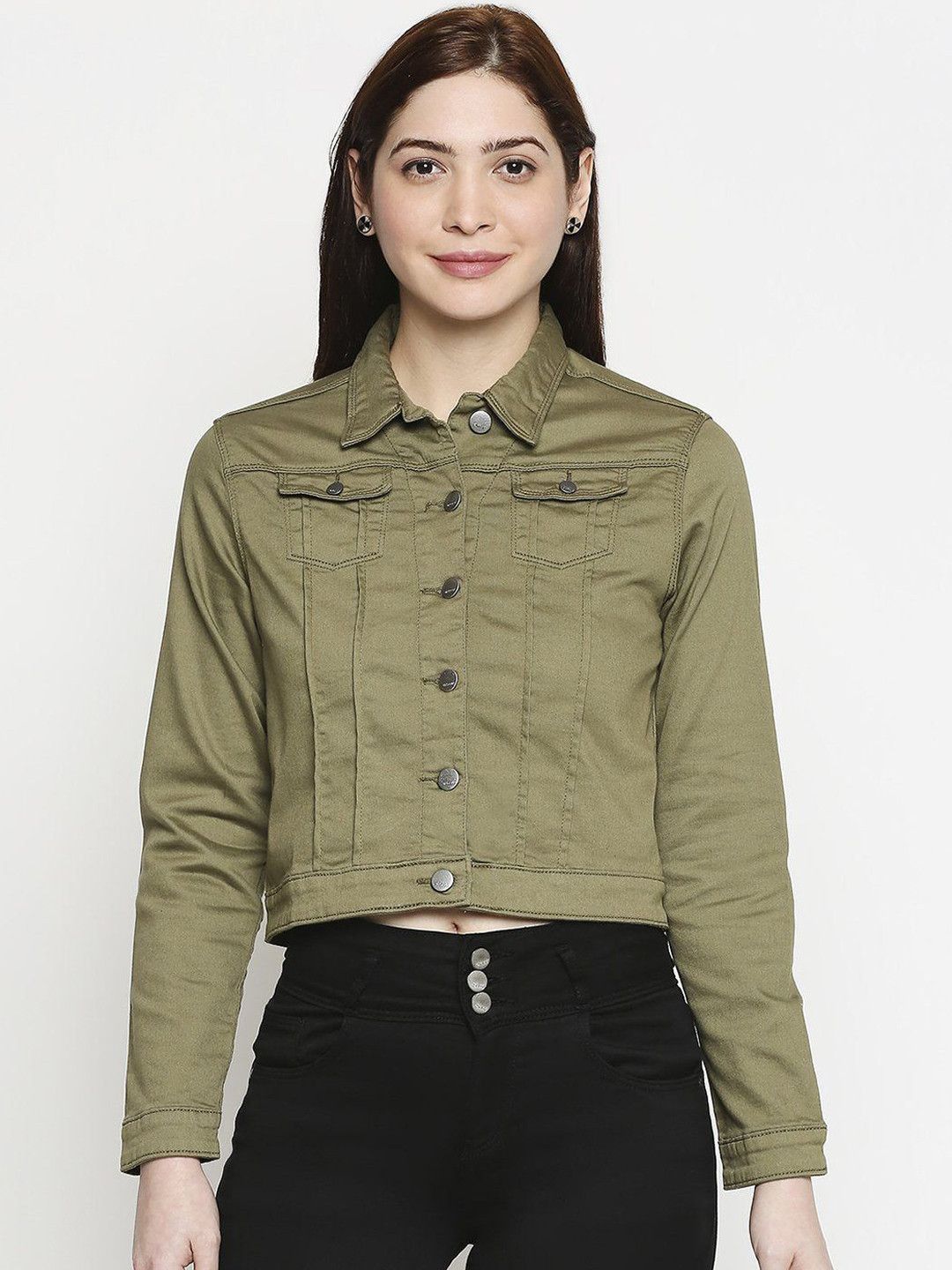

Kraus Jeans Women Crop Denim Jacket with Embroidered, Olive