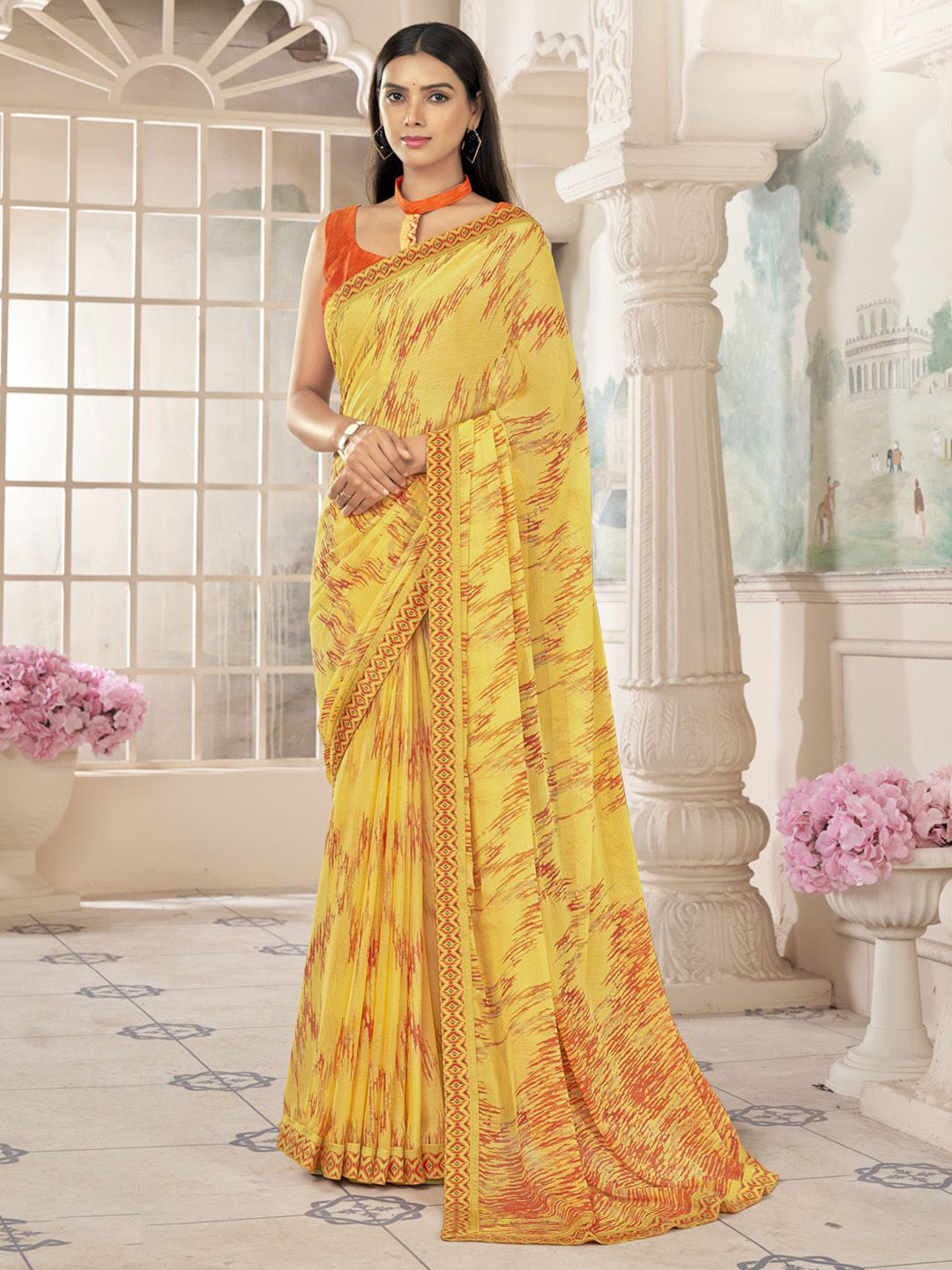 

Mitera Poly Chiffon Bagh Saree, Yellow