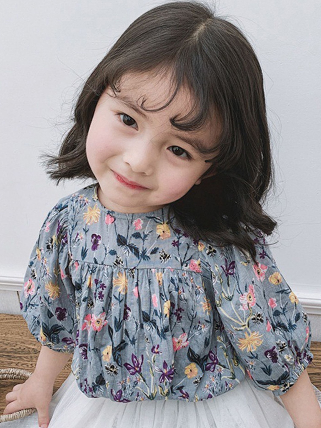 

LULU & SKY Floral Print Puff Sleeve Cotton Top, Blue