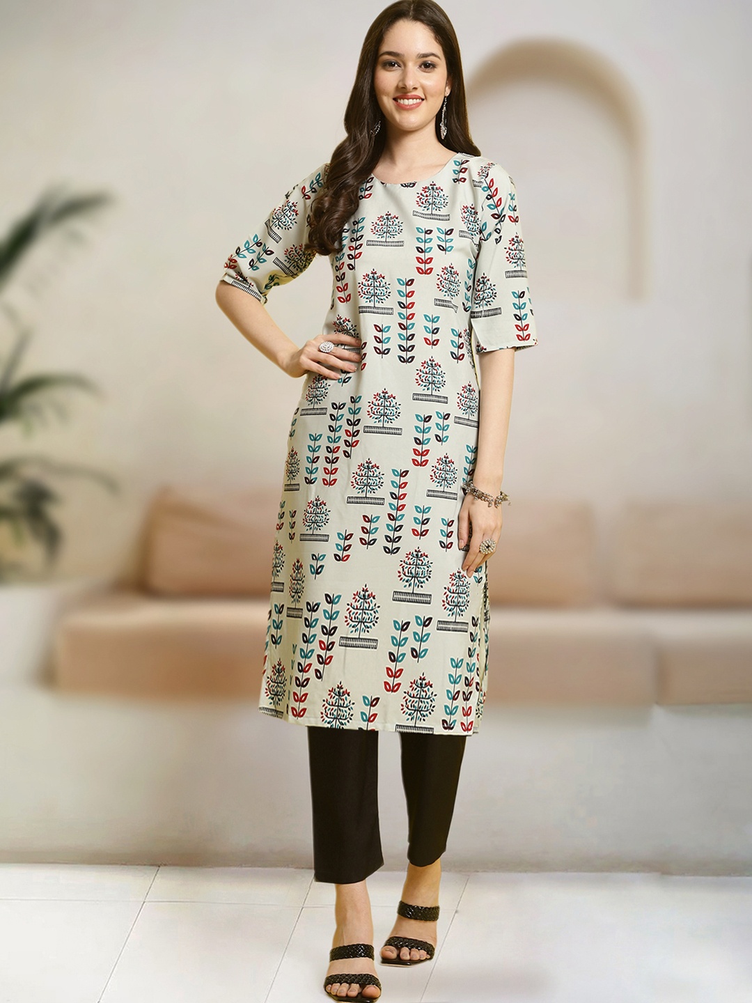 

Moda Rapido Floral Printed Round Neck Straight Kurta With Trouser, Green