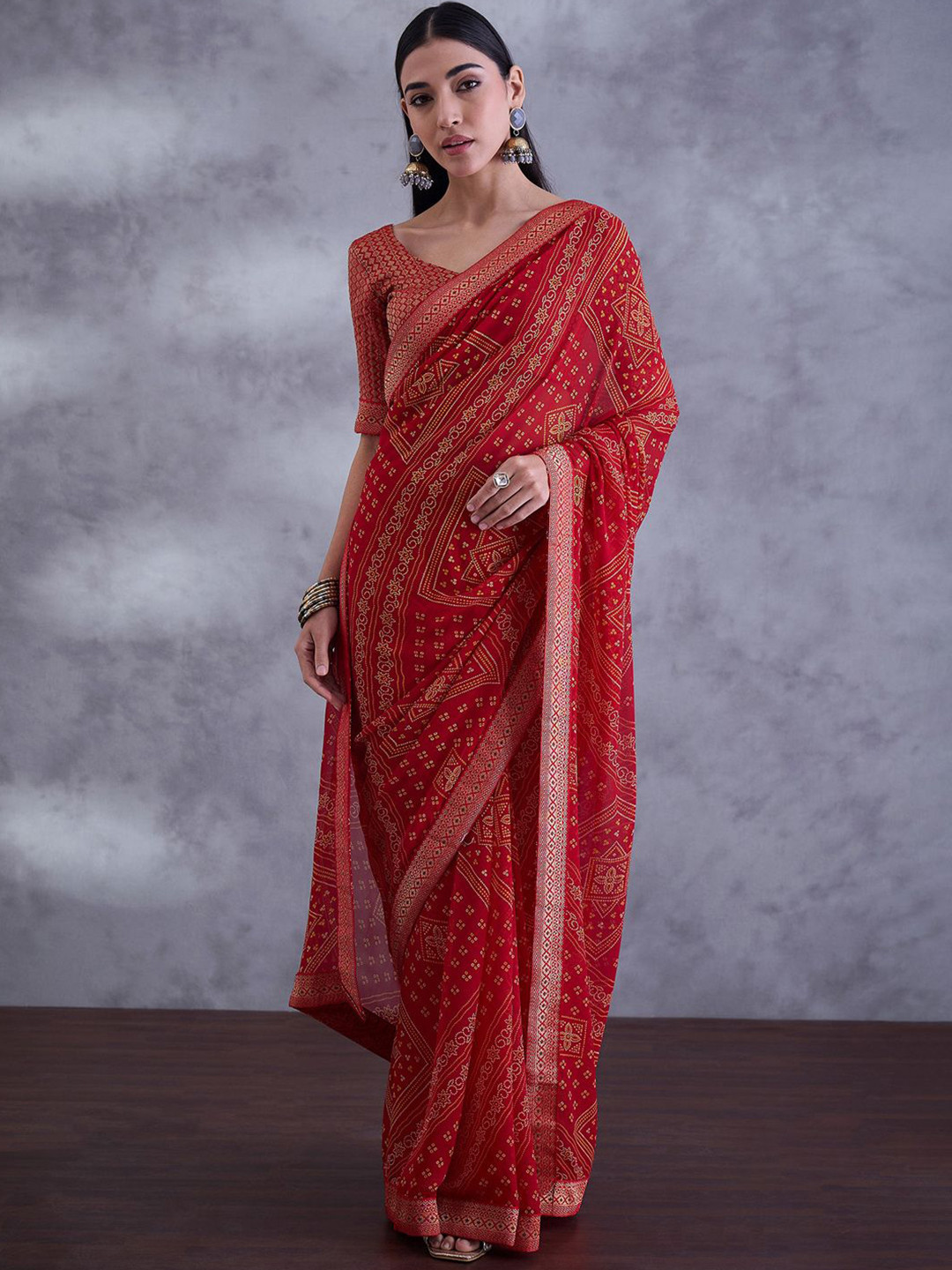 

Mitera Bandhani Pure Georgette Bandhani Saree, Red