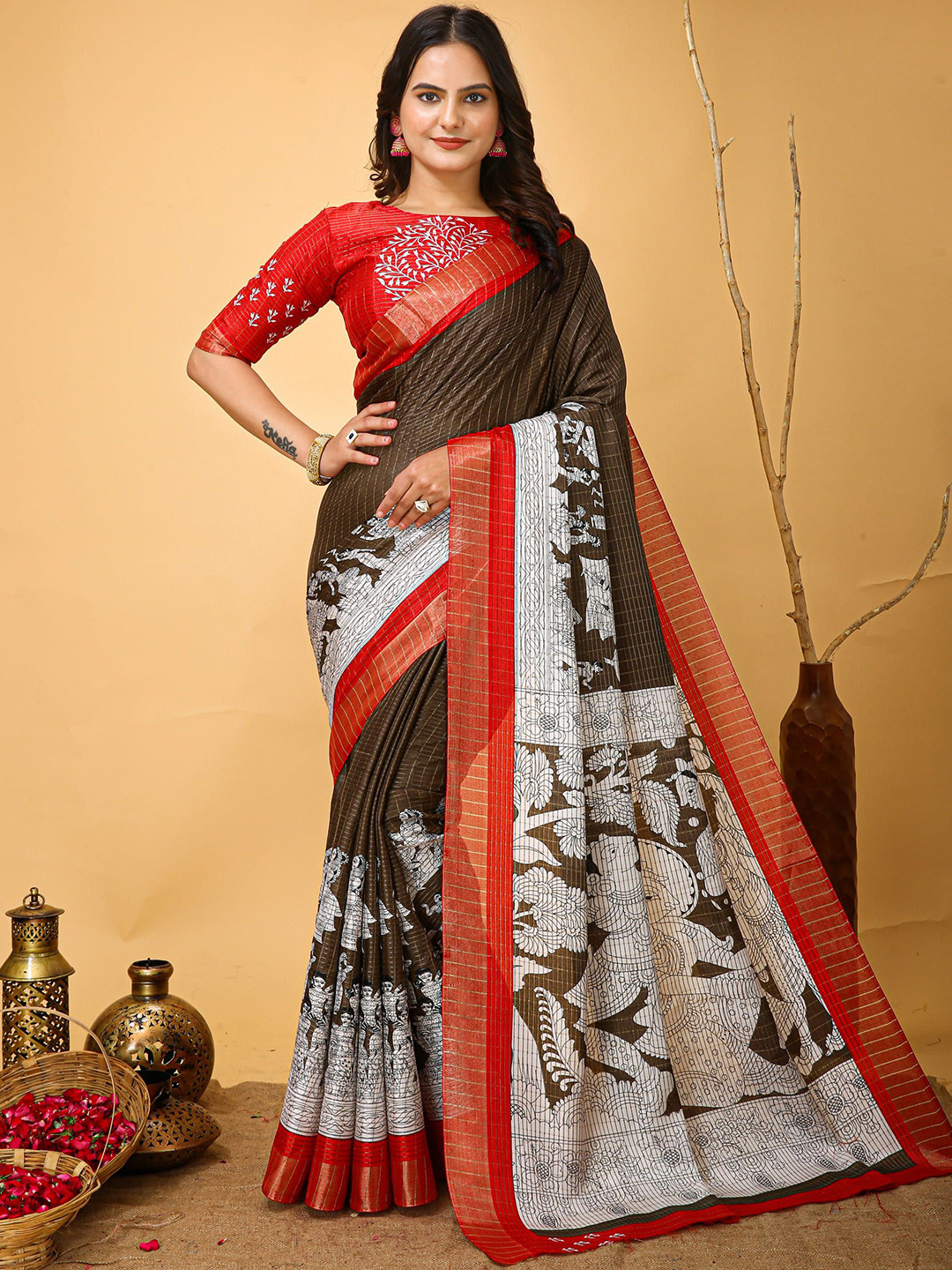 

V3 FASHION STUDIO Ethnic Motifs Zari Art Silk Saree, Brown