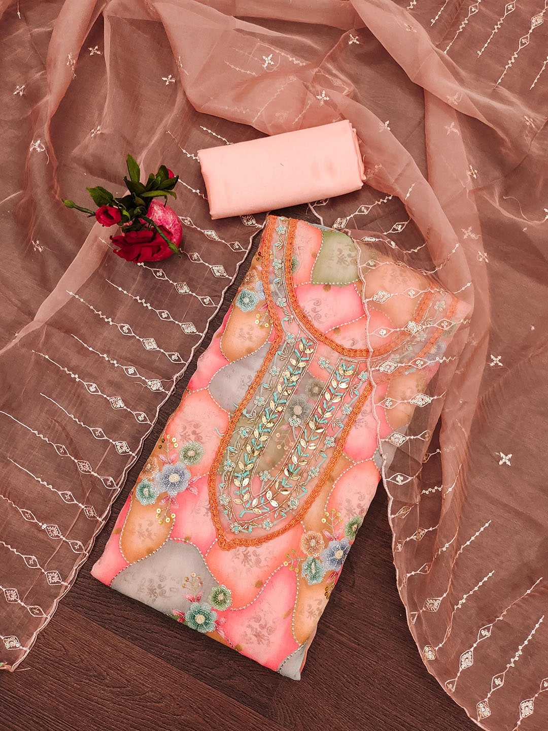 

SAINOOR Floral Embellished Beads and Stones Organza Unstitched Dress Material, Peach