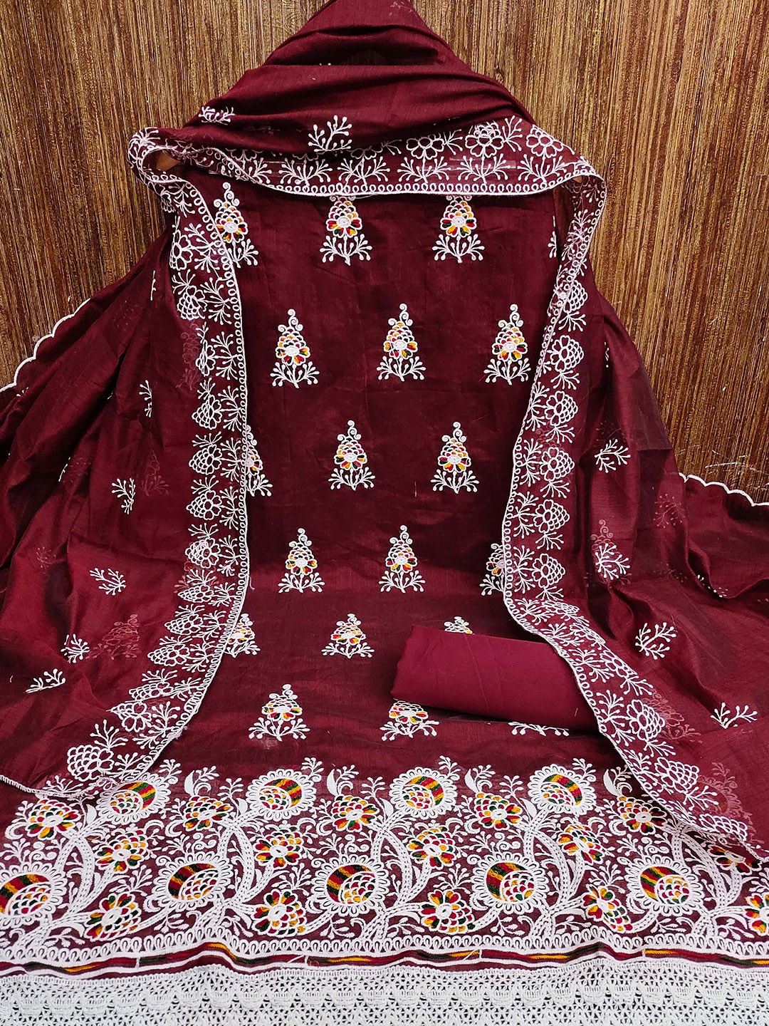 

SAINOOR Floral Embroidered Unstitched Dress Material, Maroon