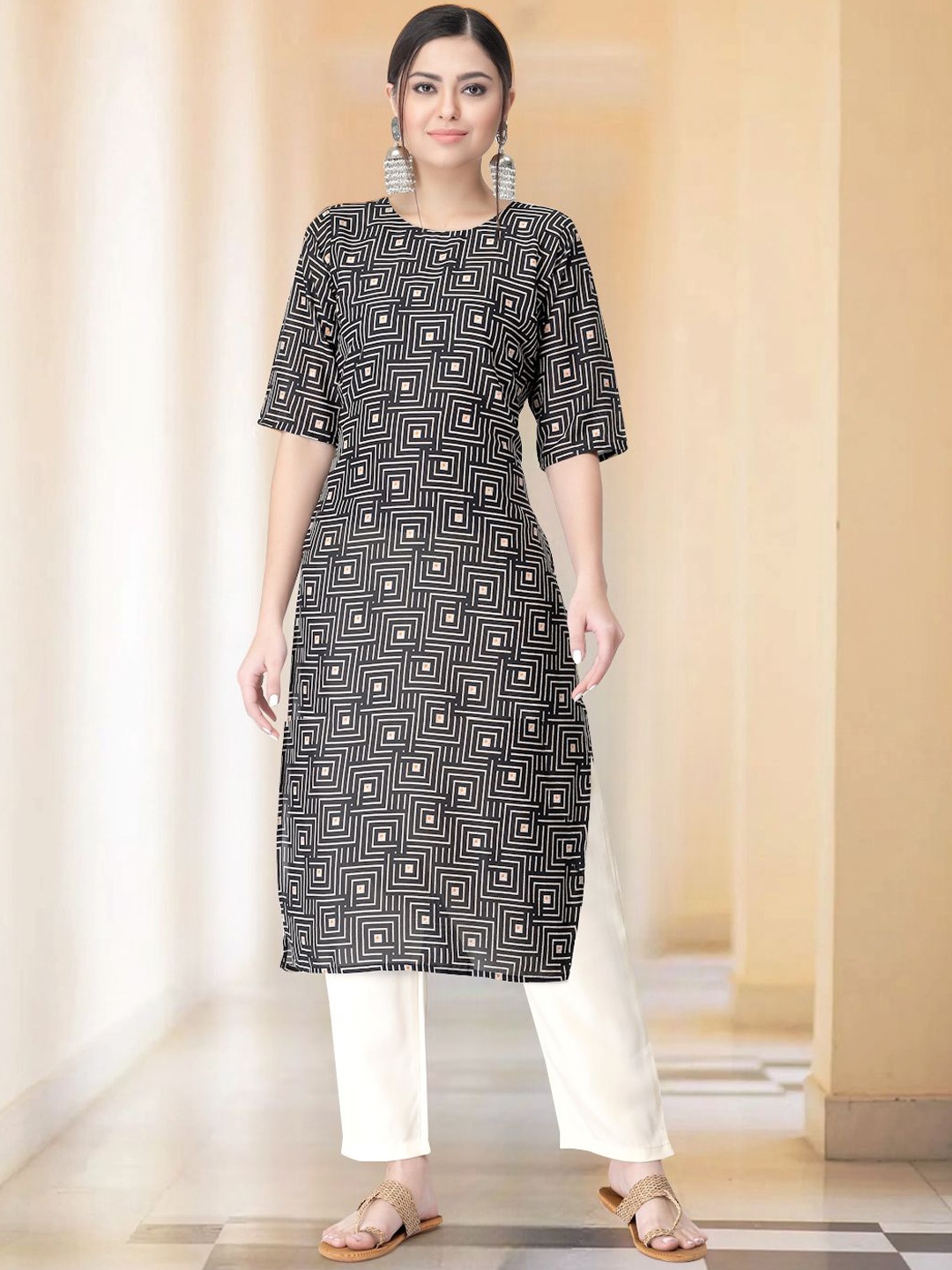 

Moda Rapido Black & White Geometric Printed Regular Kurta with Trousers