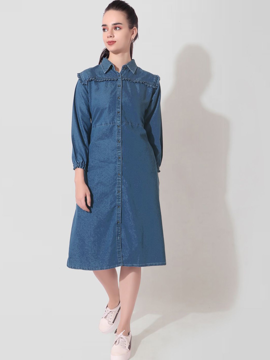 

CEFALU Puff Sleeve Denim A-Line Midi Dress, Blue