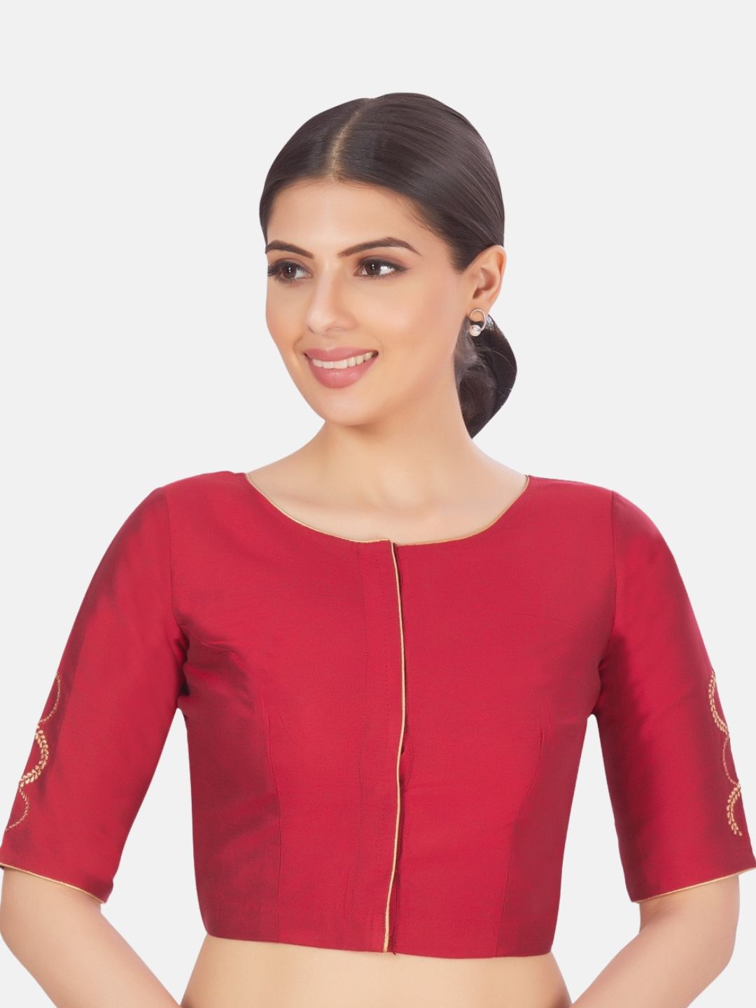

Studio Shringaar Embroidered Boat Neck Short Sleeves Saree Blouse, Maroon