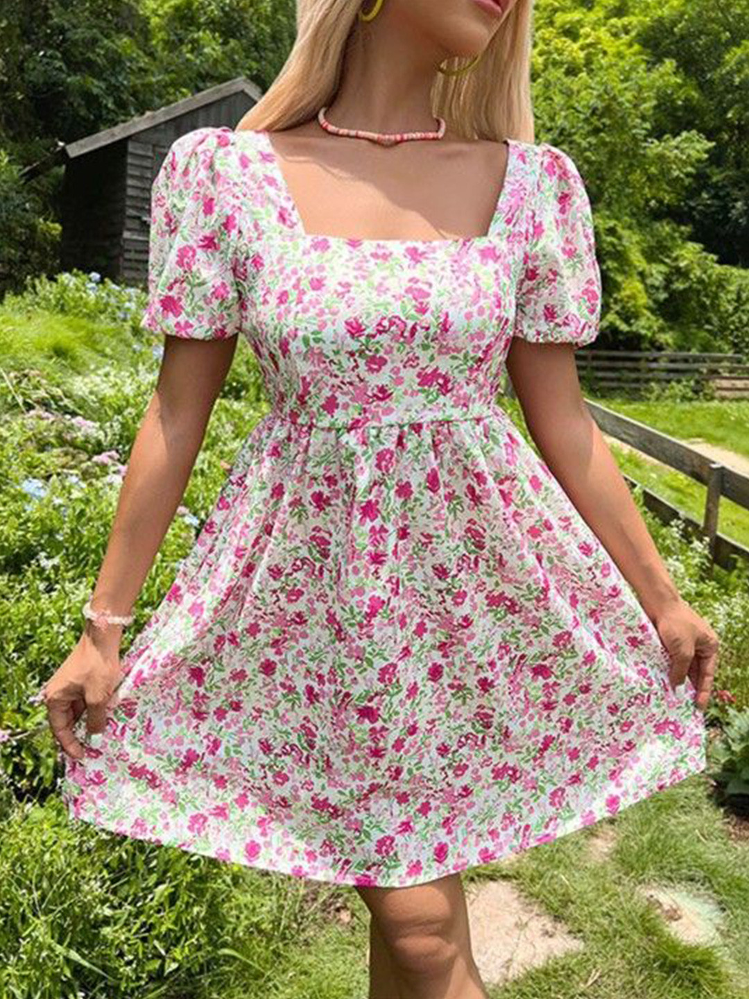

HERE&NOW Floral Print Flutter Sleeve Empire Mini Dress, Pink