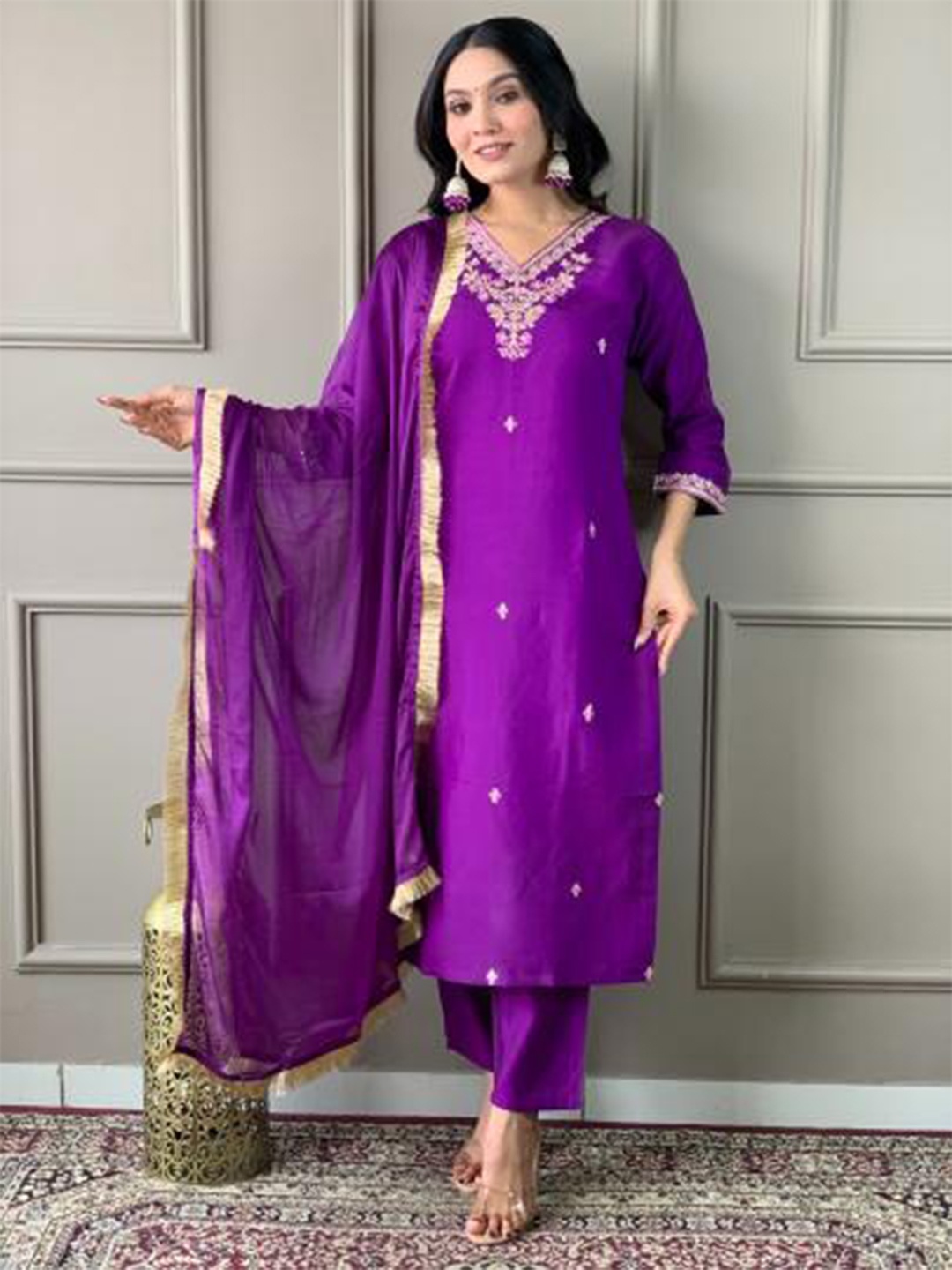 

Moda Rapido Women Embroidered Regular Kurta with Trousers & With Dupatta, Lavender