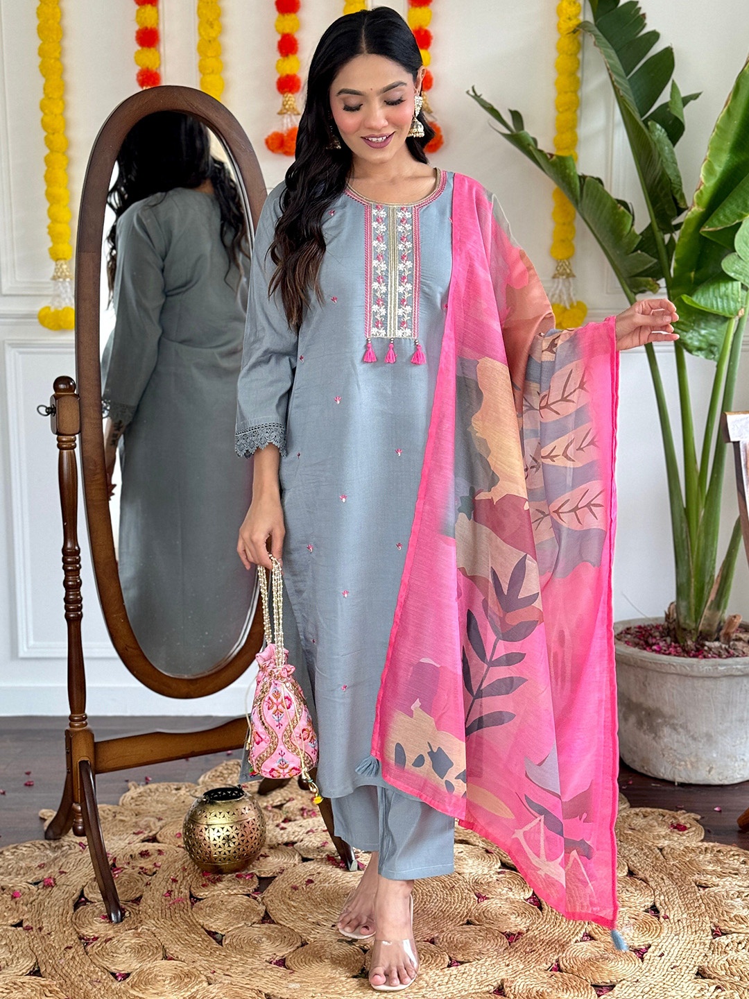 

KALINI Floral Embroidered Sequinned Straight Kurta With Trousers & Dupatta, Grey