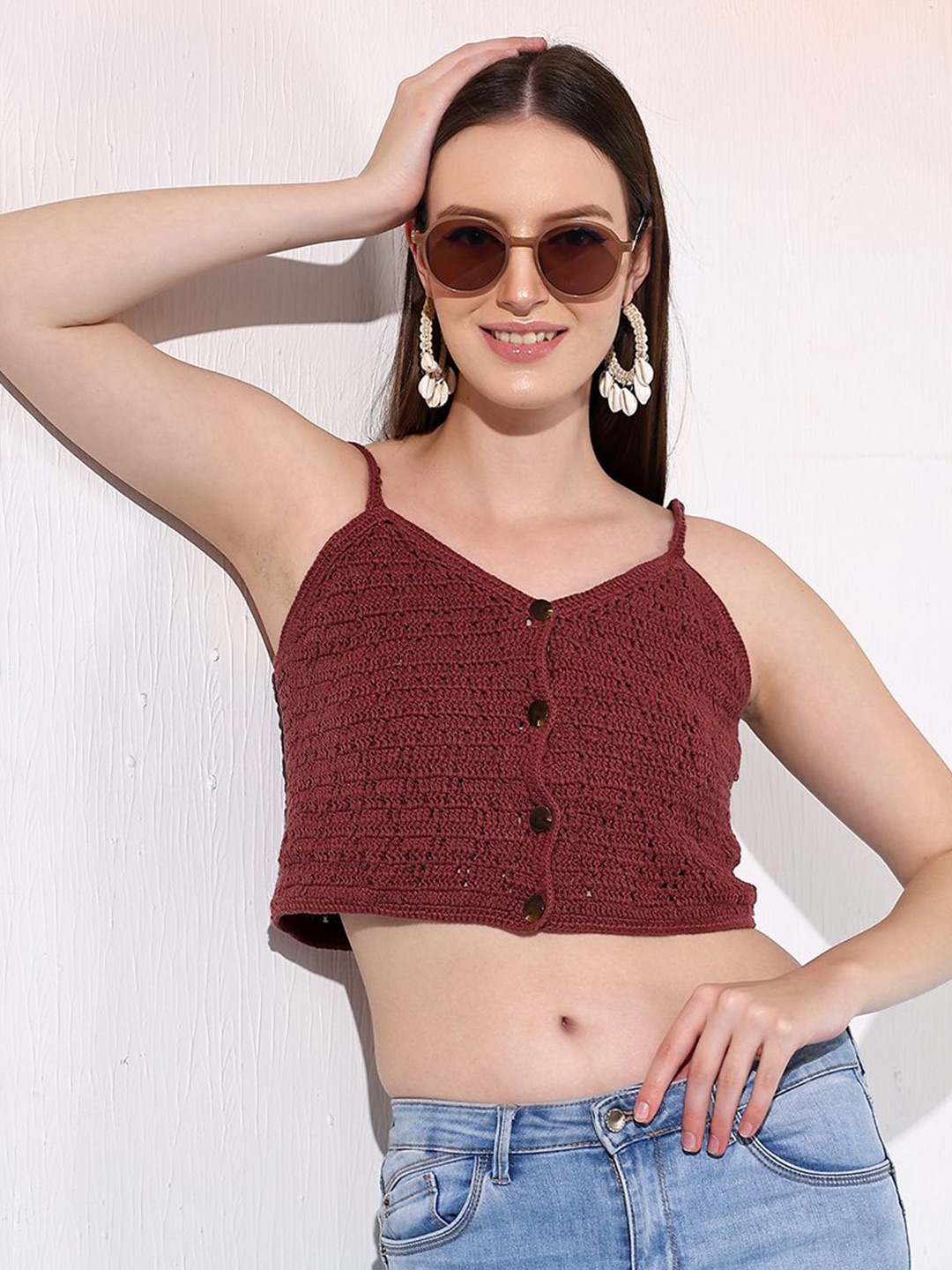 

Velvery Cotton Crochet Crop Top, Brown