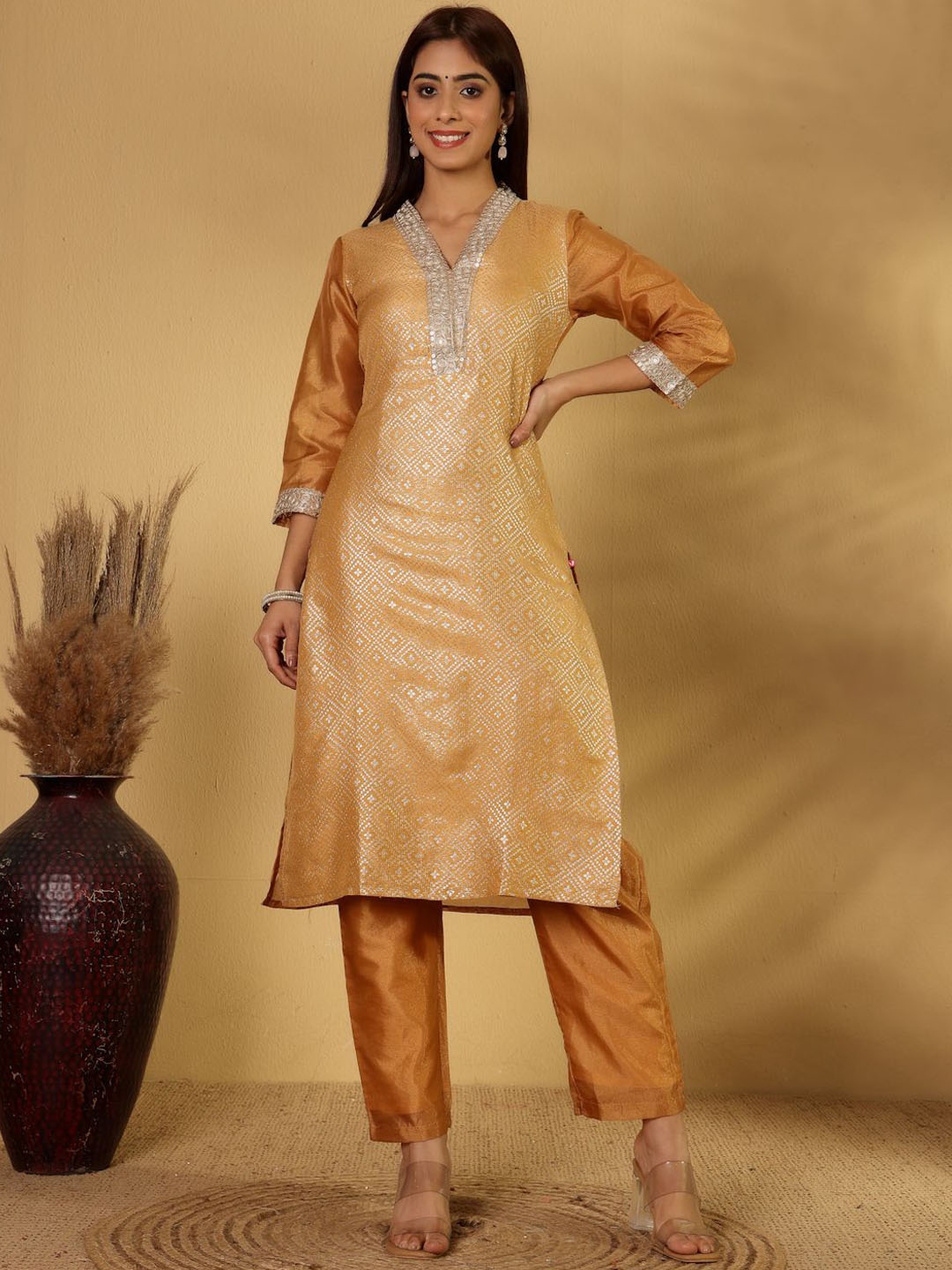 

House of Pataudi Woven Design Straight Kurta With Trouser And Dupatta, Beige