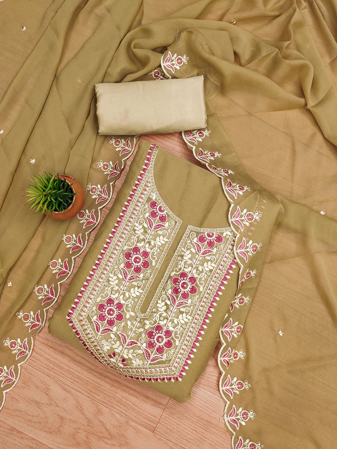 

SAINOOR Embroidered Silk Georgette Unstitched Dress Material, Beige