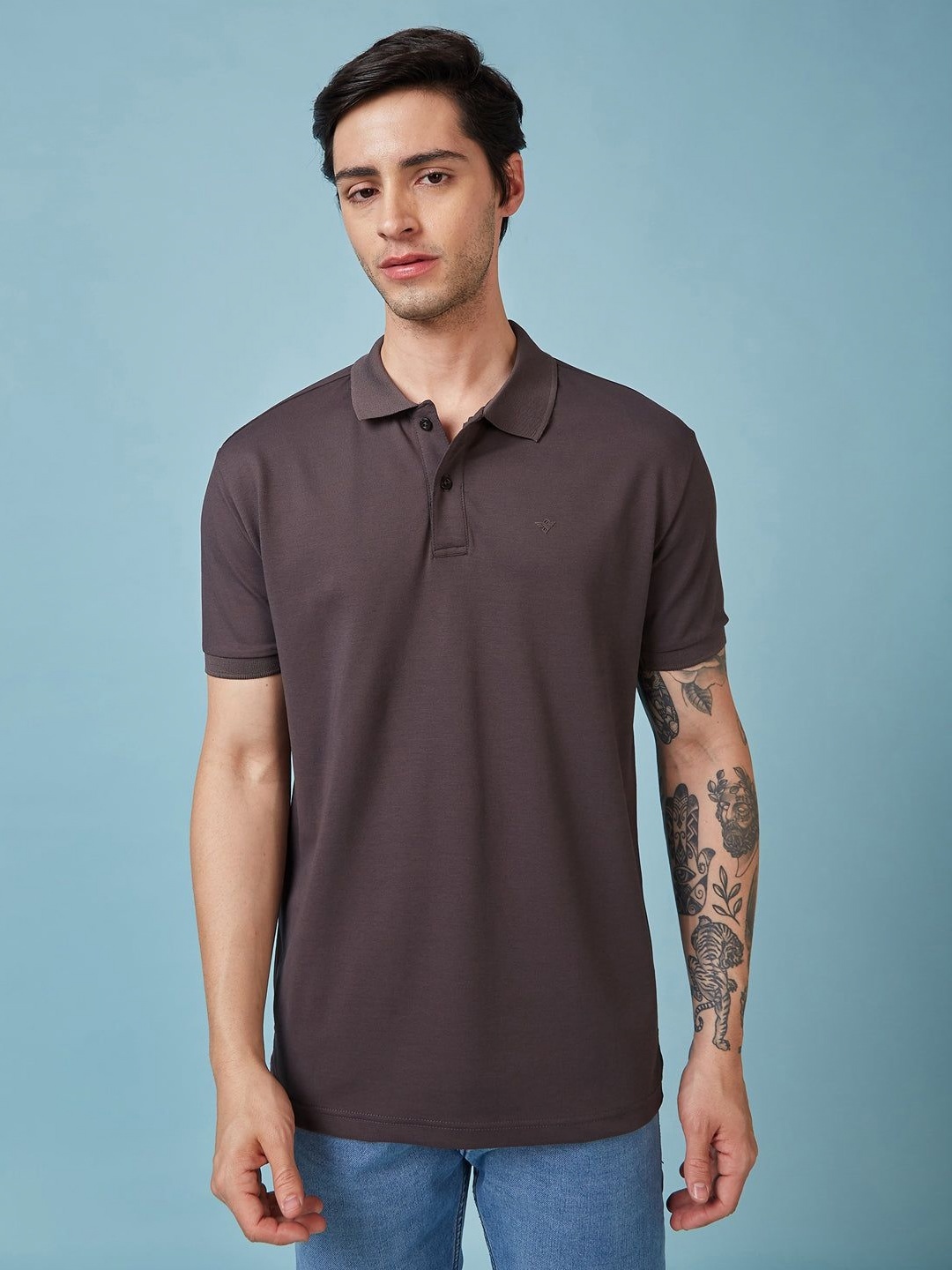

Status Quo Men Solid Polo Collar Slim Fit T-shirt, Charcoal