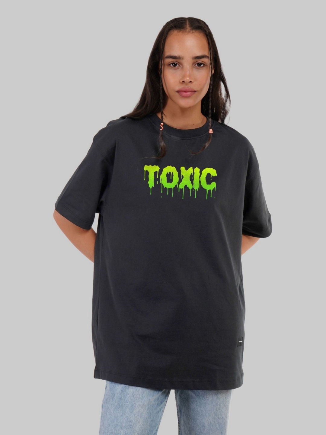 

Underrated Club Women Bio Finish Typography Printed Round Neck Cotton Oversized T-shirt, Black
