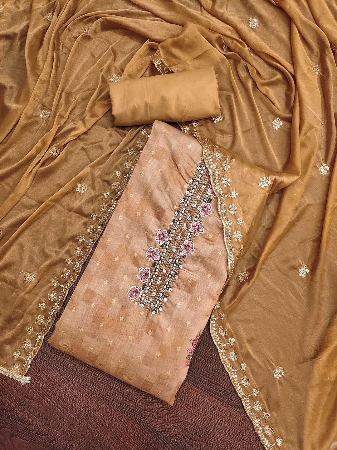 

SAINOOR Semi-Stitched Dress Material, Beige