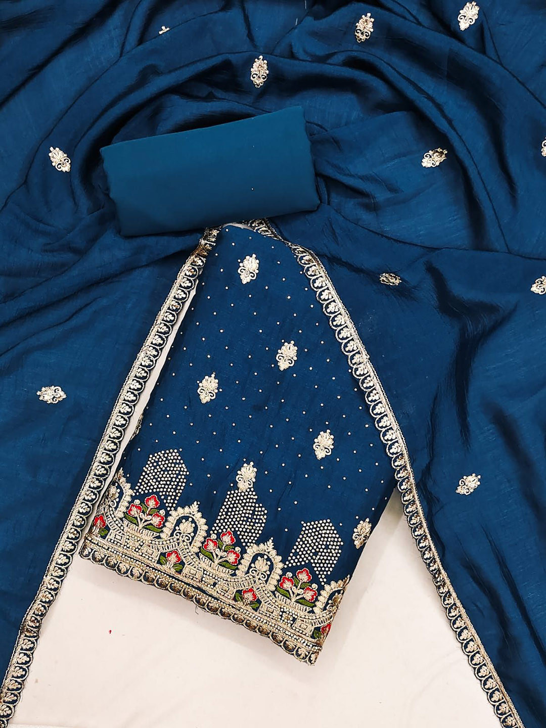 

Rangtulika Ethnics Floral Embroidered Thread Work Unstitched Dress Material, Blue