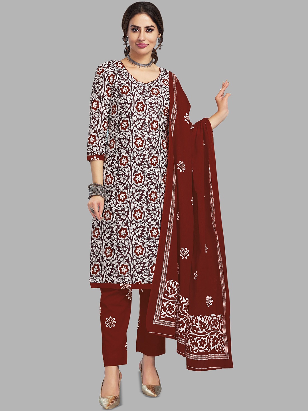 

Simmu Floral Printed Pure Cotton Straight Kurta With Trousers And Dupatta, Maroon