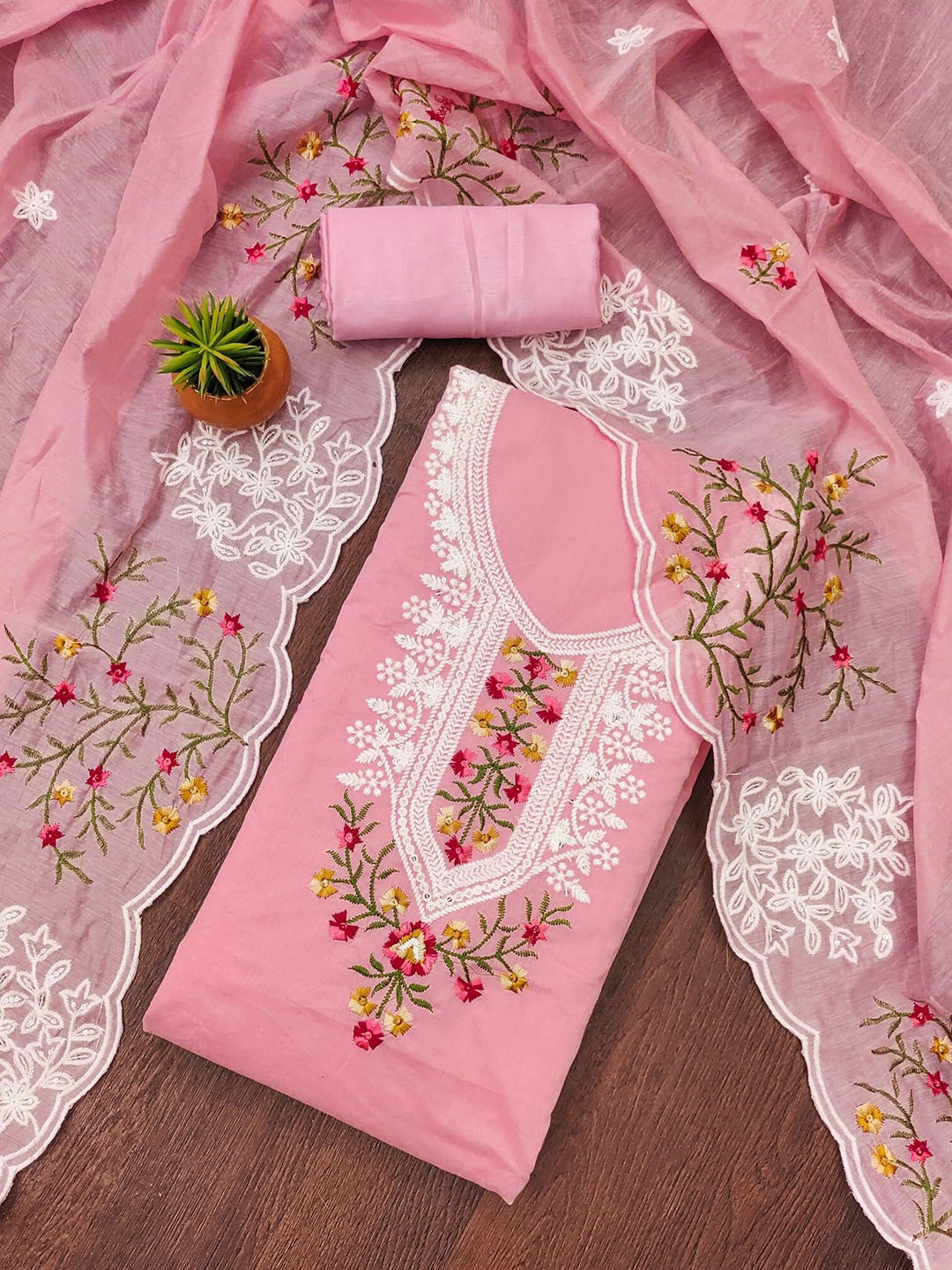 

Rangtulika Ethnics Embroidered Unstitched Dress Material, Pink