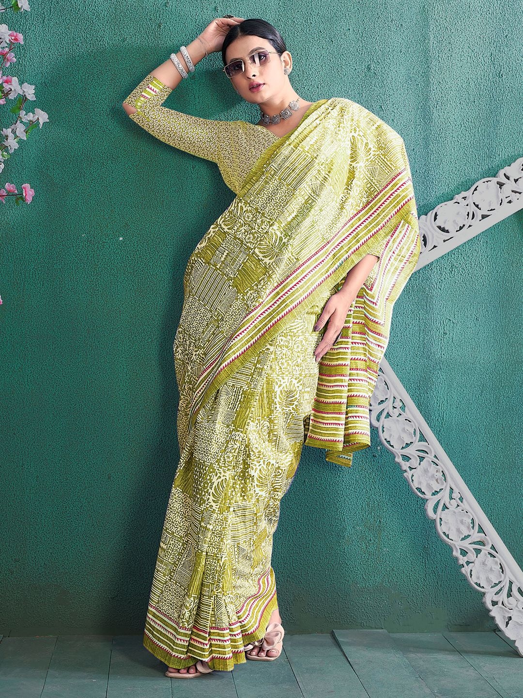 

Mitera Bagru Saree, Olive