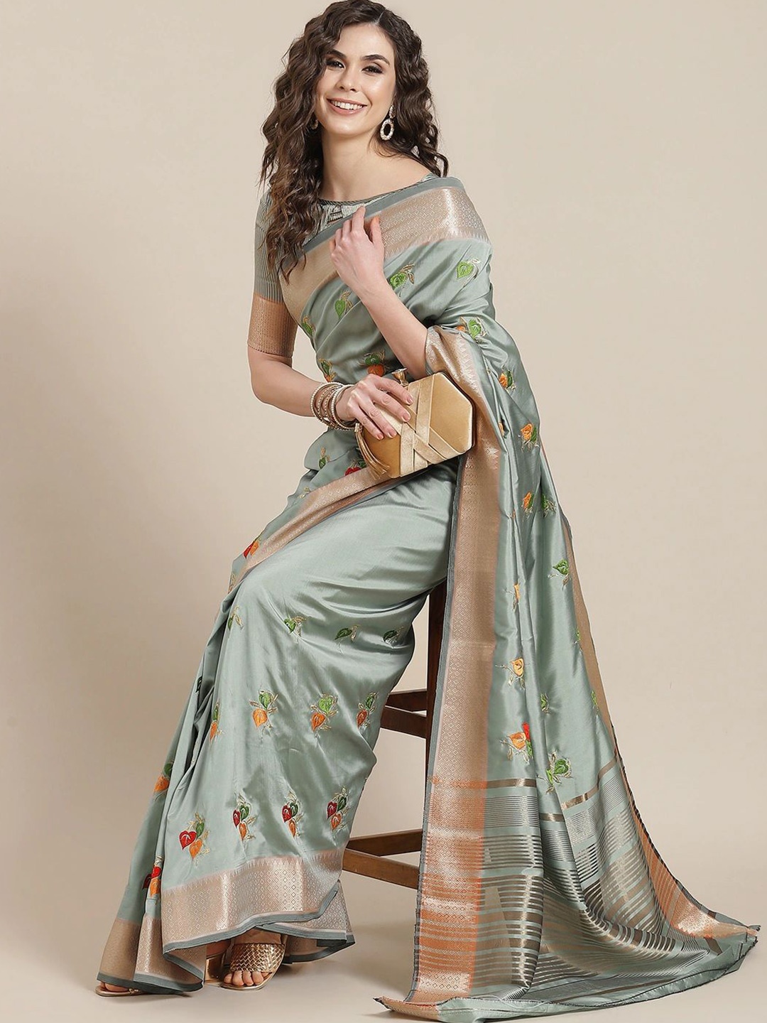 

DIVASTRI Embellished Embroidered Silk Cotton Saree, Turquoise blue