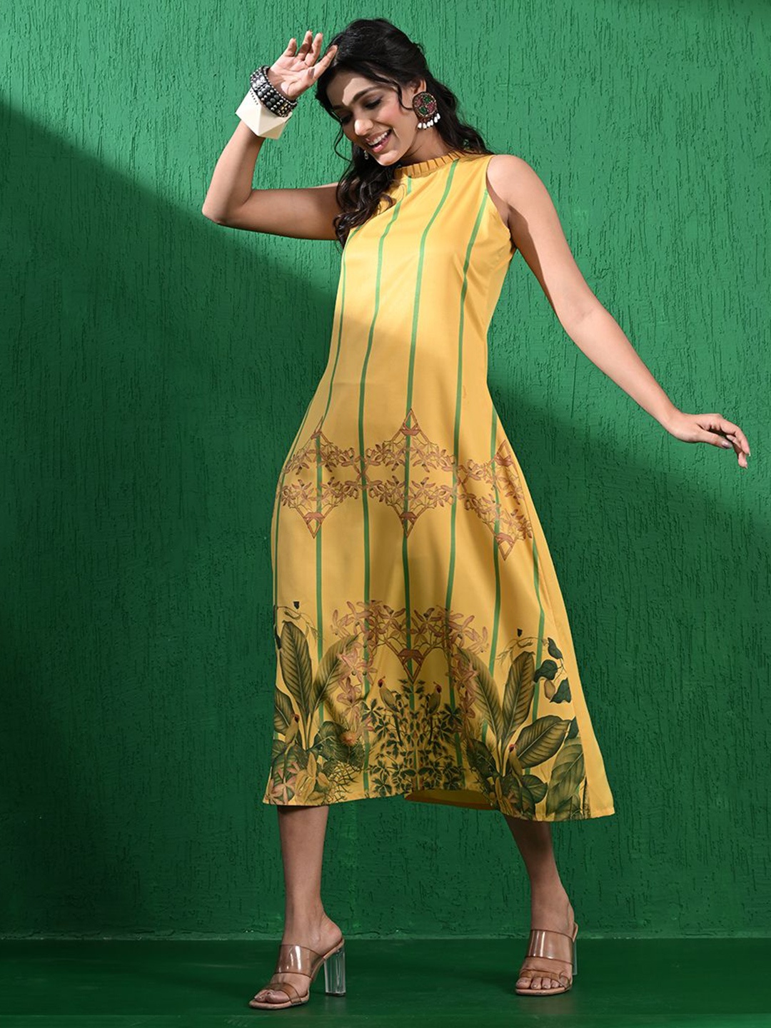 

all about you Tropical Print A-Line Midi Dress, Mustard