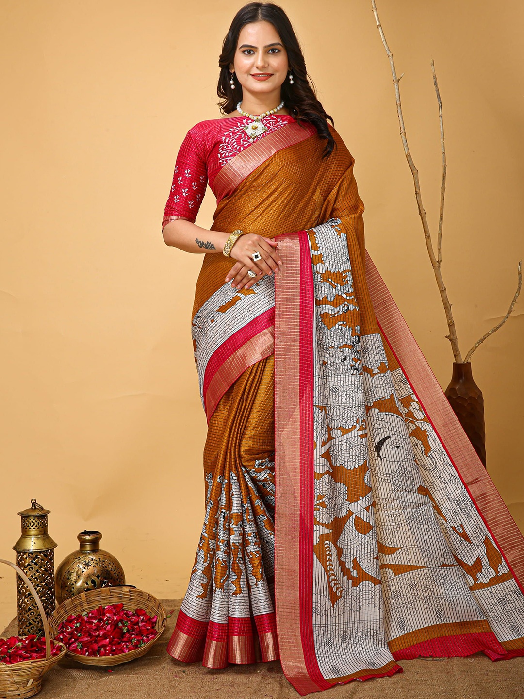 

V3 FASHION STUDIO Ethnic Motifs Zari Art Silk Saree, Orange