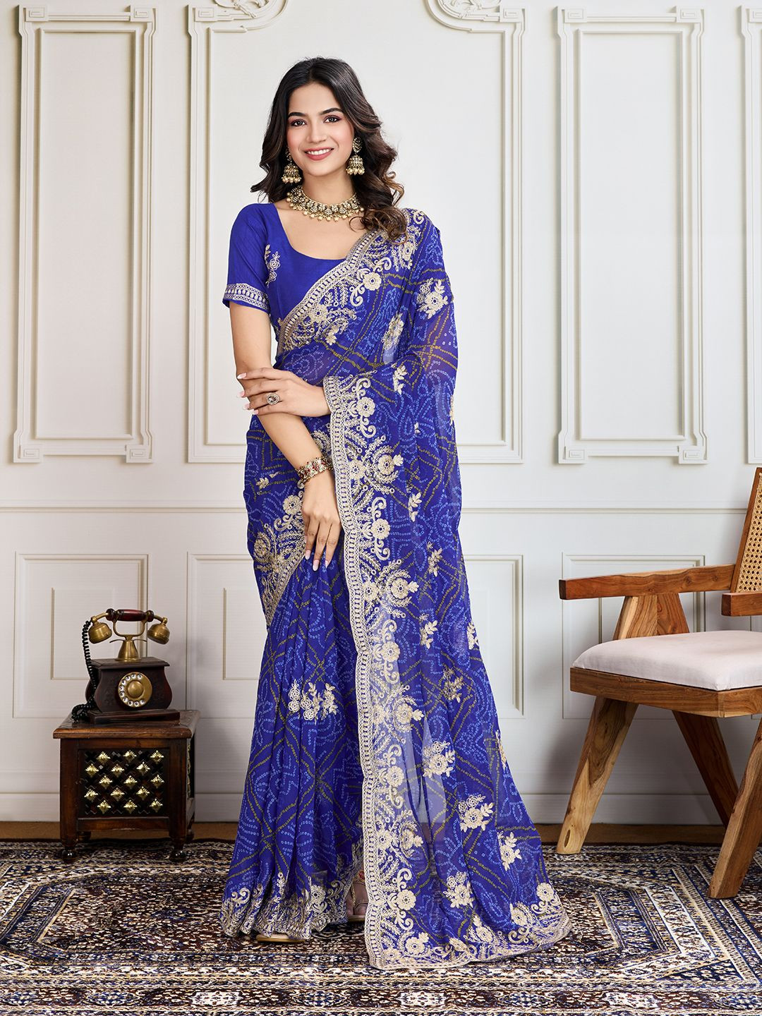 

House of Pataudi Svarra Bandhani Printed With Embroidered Saree With Unstitched Blouse, Blue