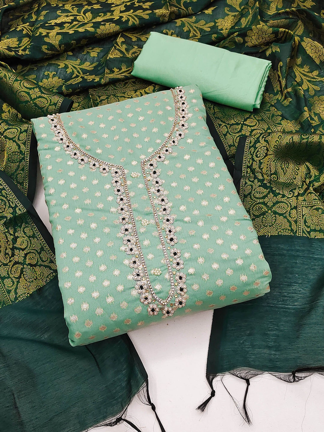 

MANVAA Embellished Unstitched Dress Material, Lime green