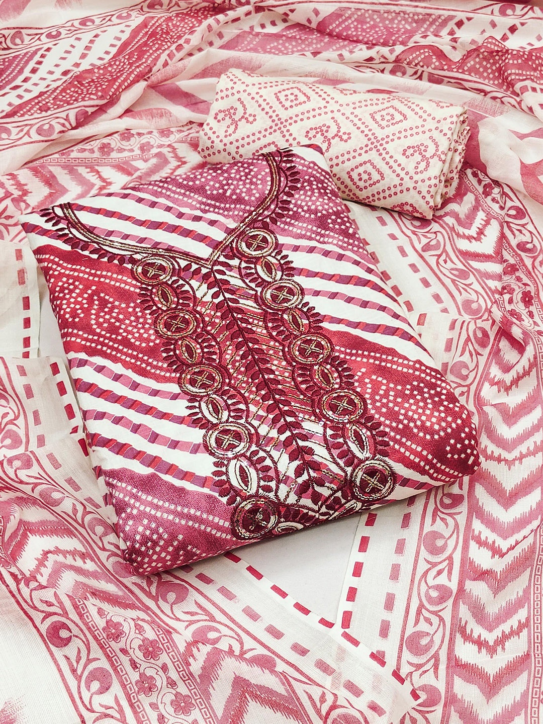 

SAINOOR Ethnic Motifs Printed Pure Cotton Unstitched Dress Material, Pink