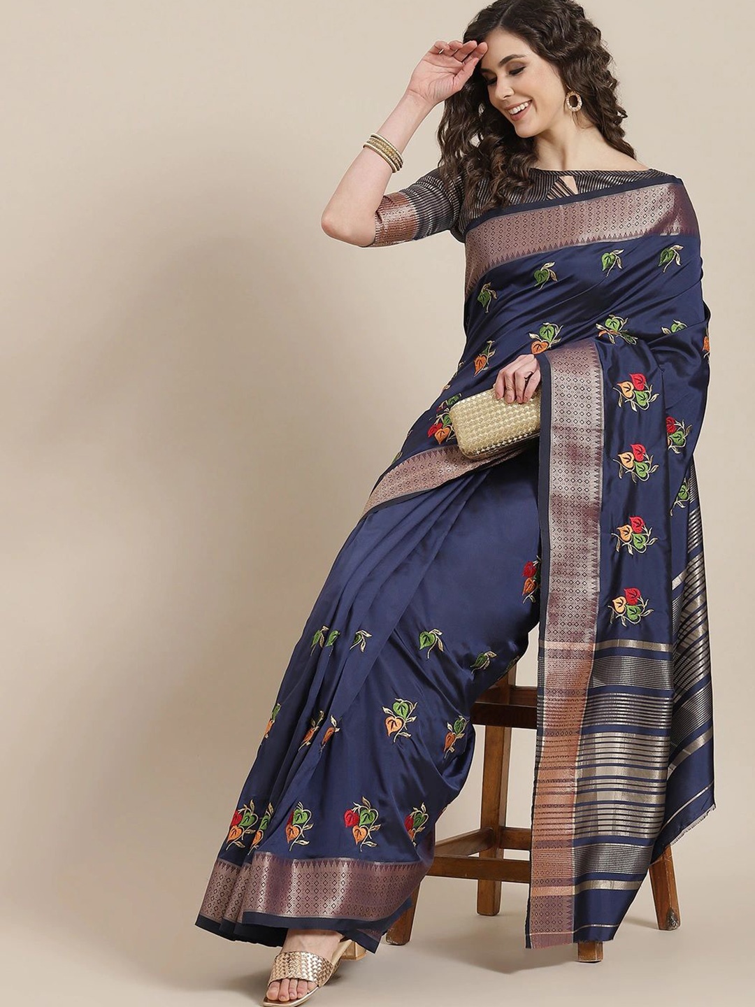 

DIVASTRI Floral Embroidered Silk Cotton Saree, Blue