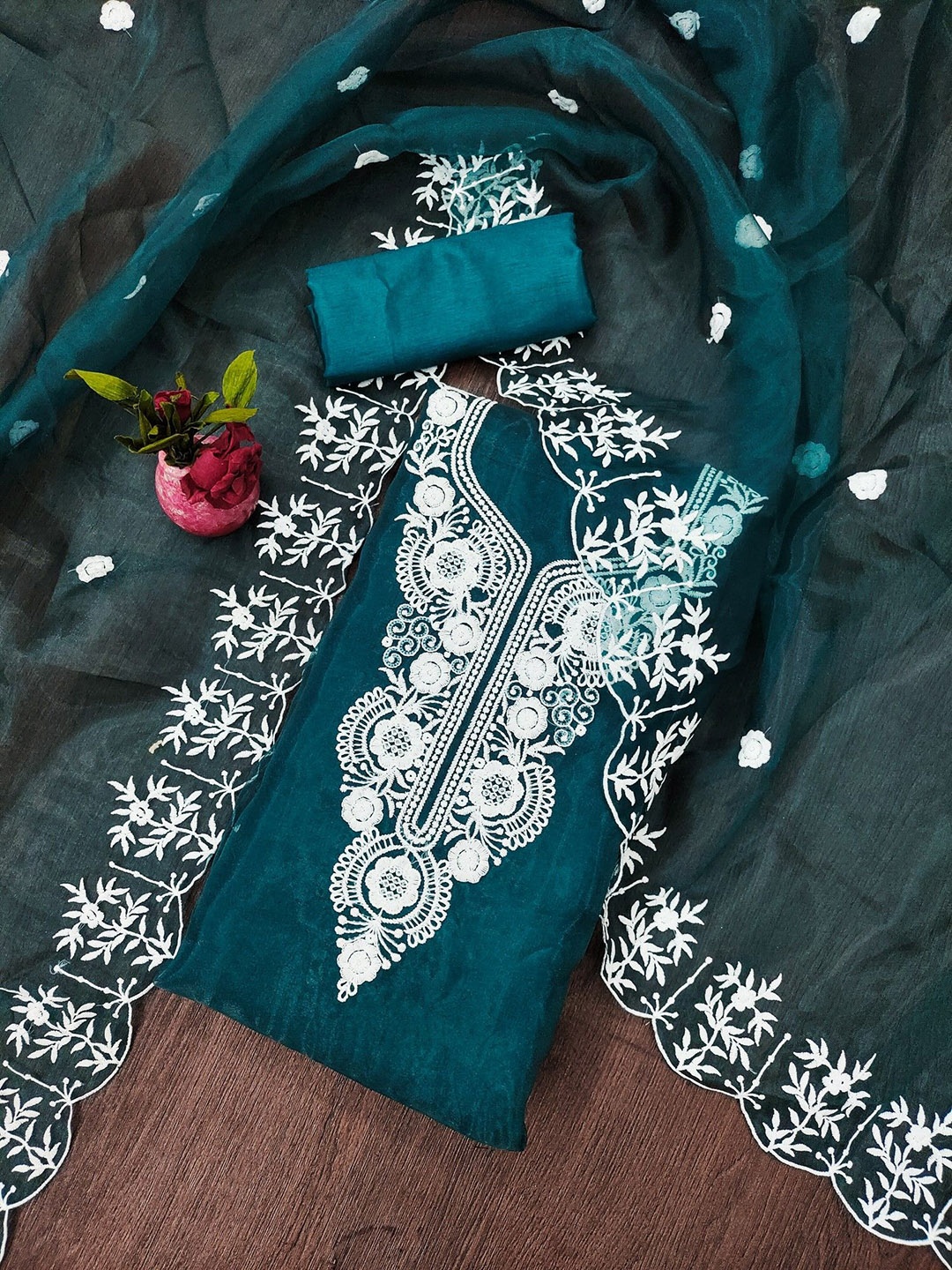 

Rangtulika Ethnics Motifs Embroidered Thread Work Organza Unstitched Dress Material, Teal