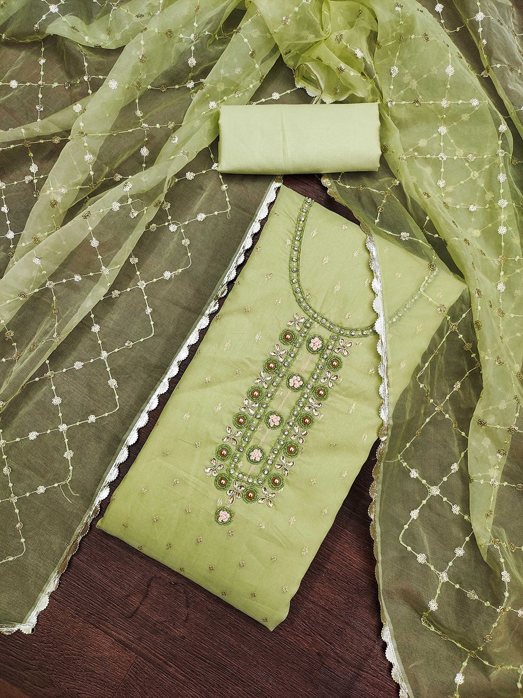 

SAINOOR Organza Semi-Stitched Dress Material, Green