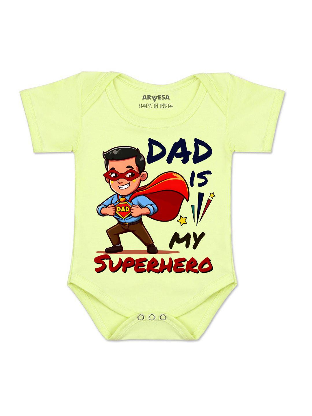 

Arvesa Kids Dad Is My Superhero Printed Envelope Neck Short Sleeves Romper, Yellow
