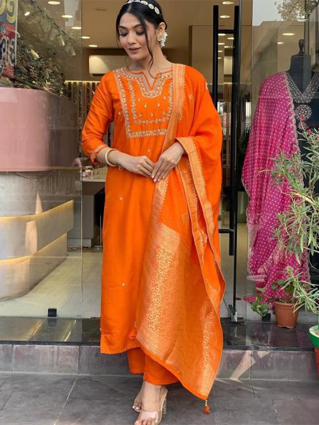 

Moda Rapido Women Embroidered Regular Kurta with Trousers & With Dupatta, Orange