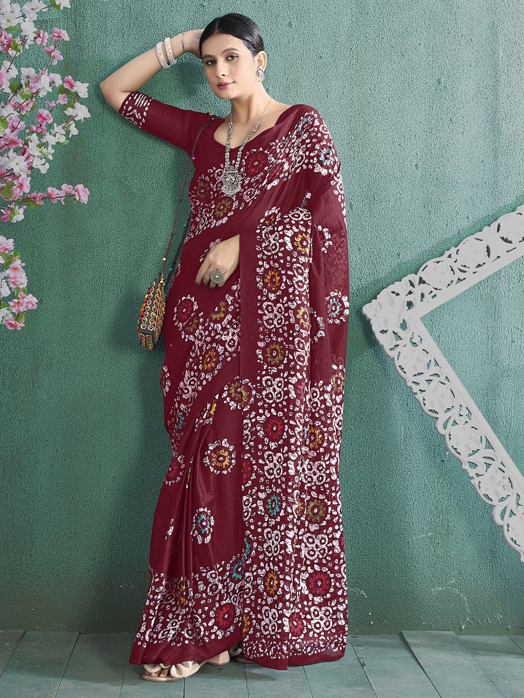 

Mitera Ethnic Motifs Block Print Saree, Maroon