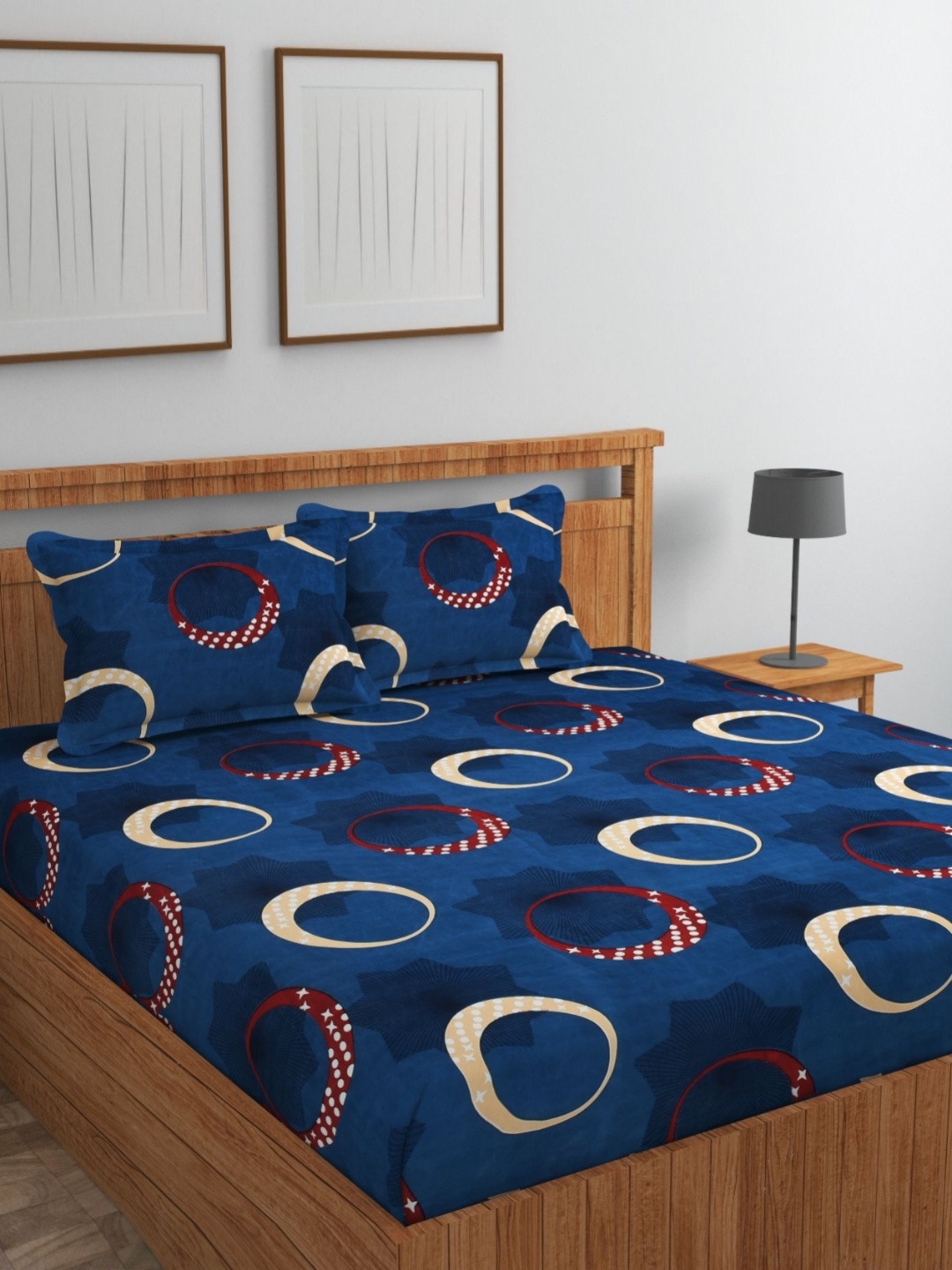 

VOMZER Grey & Blue Printed Pure Cotton 210TC Fitted Queen Bedsheet Set - 1.82 m x 1.82 m