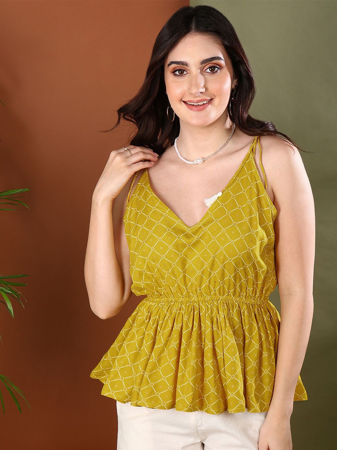 

Stylum Geometric Print Peplum Crop Top, Mustard