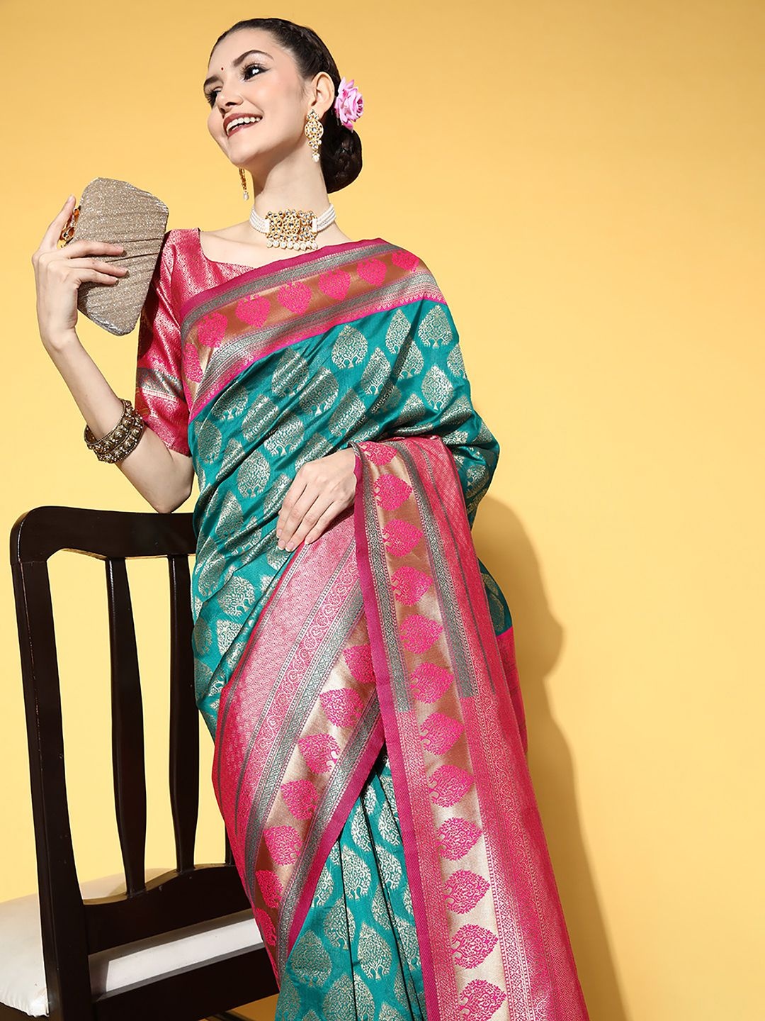 

Mitera Woven Design Zari Silk Blend Dharmavaram Saree, Teal