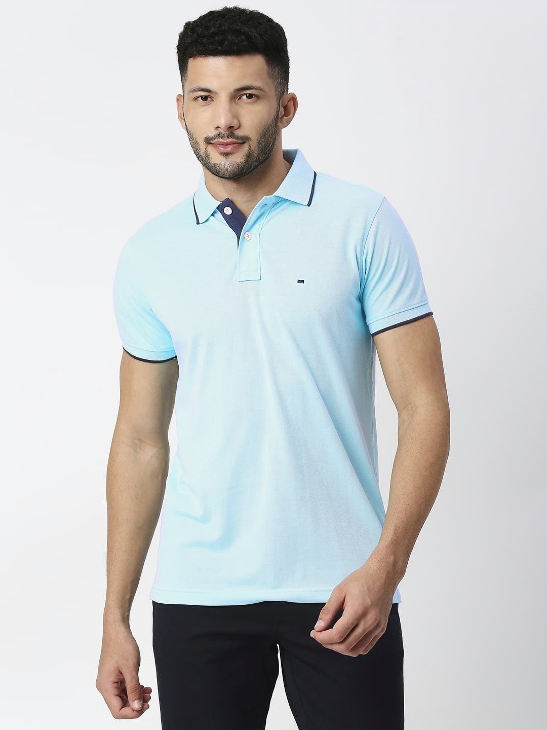 

Basics Men Polo Collar Pockets Slim Fit T-shirt, Blue