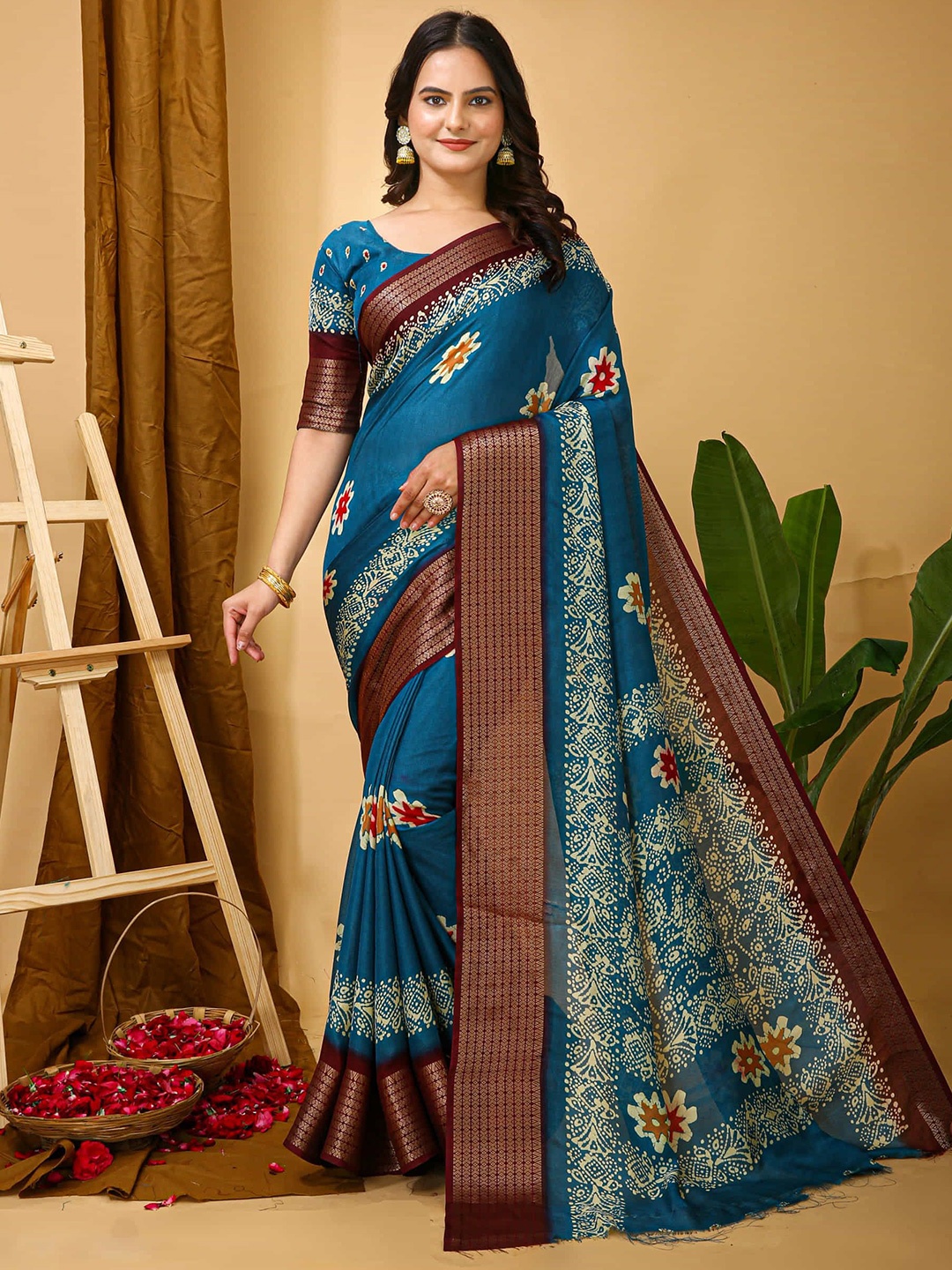 

V3 FASHION STUDIO Ethnic Motifs Zari Art Silk Banarasi Saree, Blue
