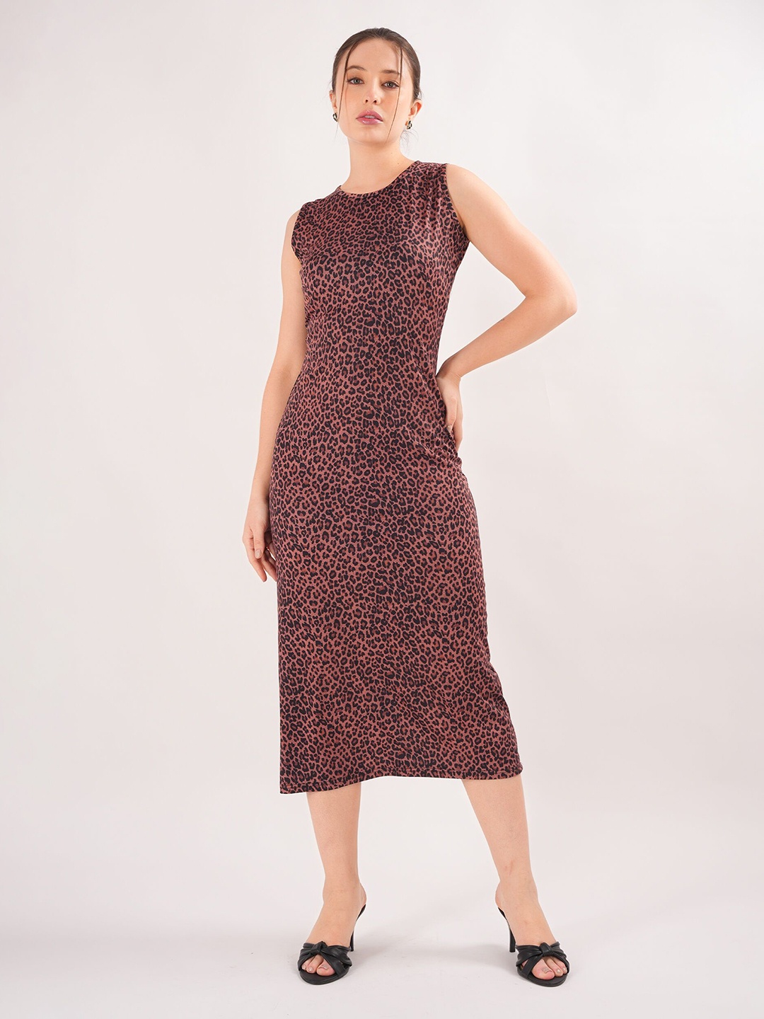 

clobug Animal Print Crepe Sheath Midi Dress, Brown