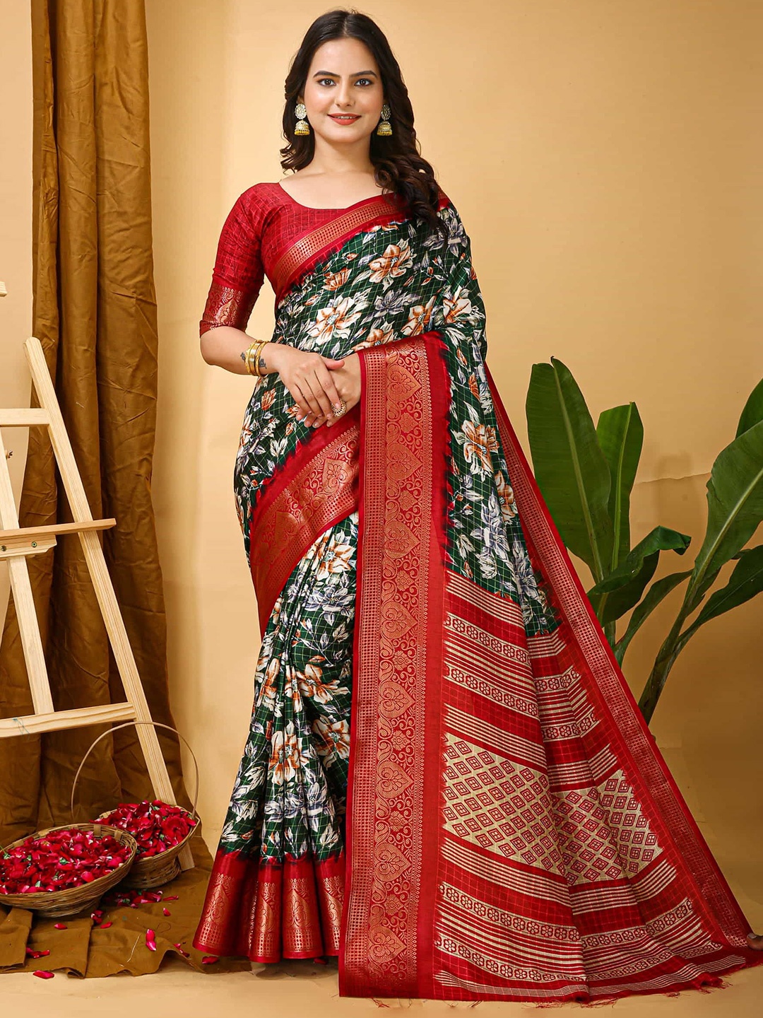 

V3 FASHION STUDIO Ethnic Motifs Zari Art Silk Saree, Green
