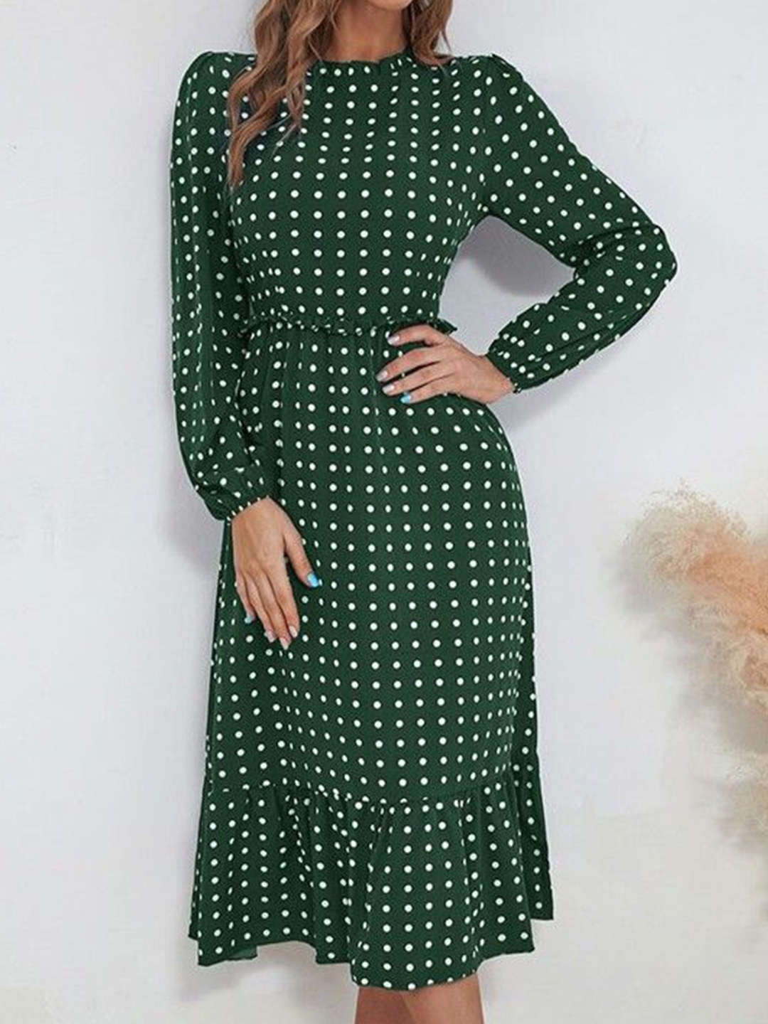 

DressBerry Polka Dot Print Fit & Flare Midi Dress, Green