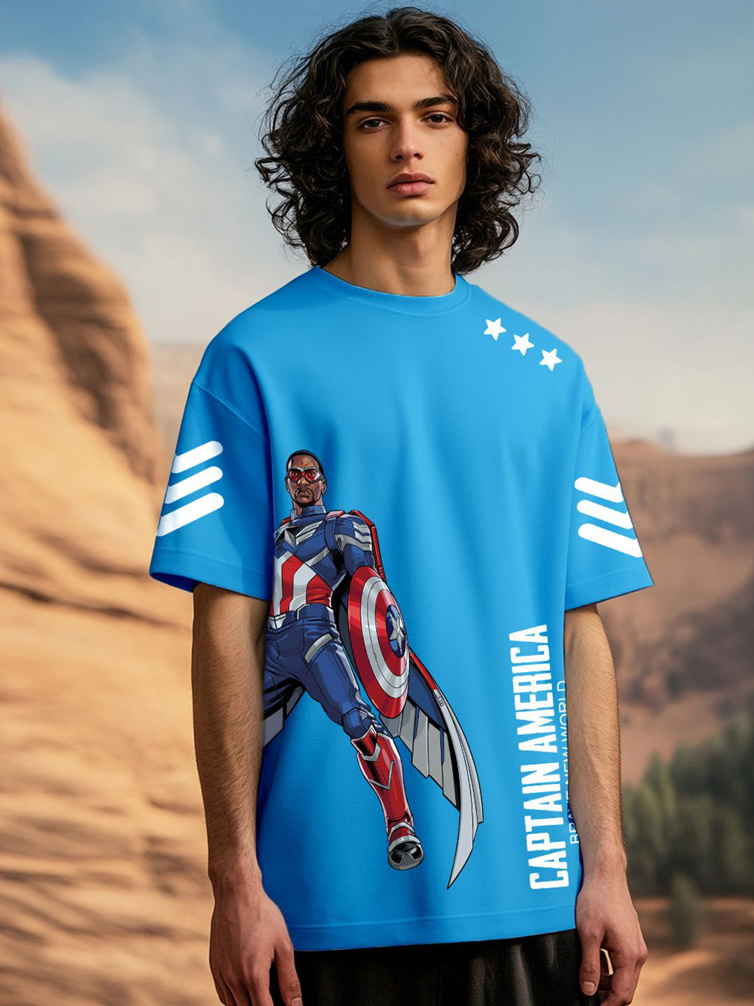

Bewakoof Heavy Duty 1.0 Official Marvel Captain America Men's Printed Oversized T-Shirt, Blue